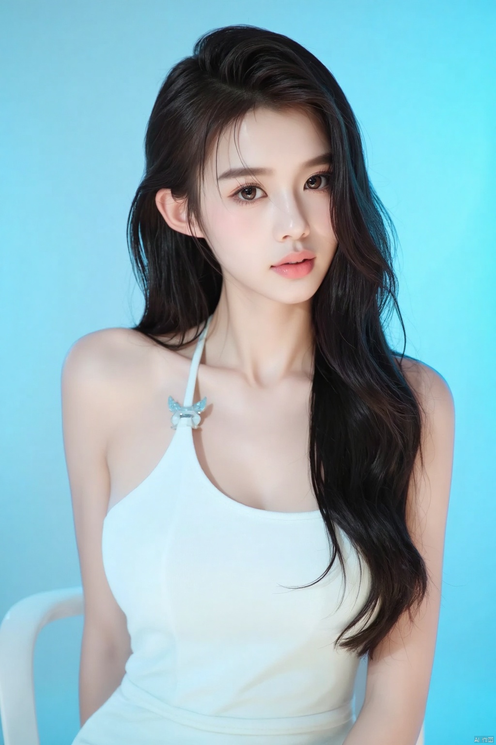 1girl, solo, long hair, breasts, looking at viewer, simple background, black hair, dress, bare shoulders, brown eyes, sitting, white dress, lips, sleeveless dress, blue background, chair, realistic