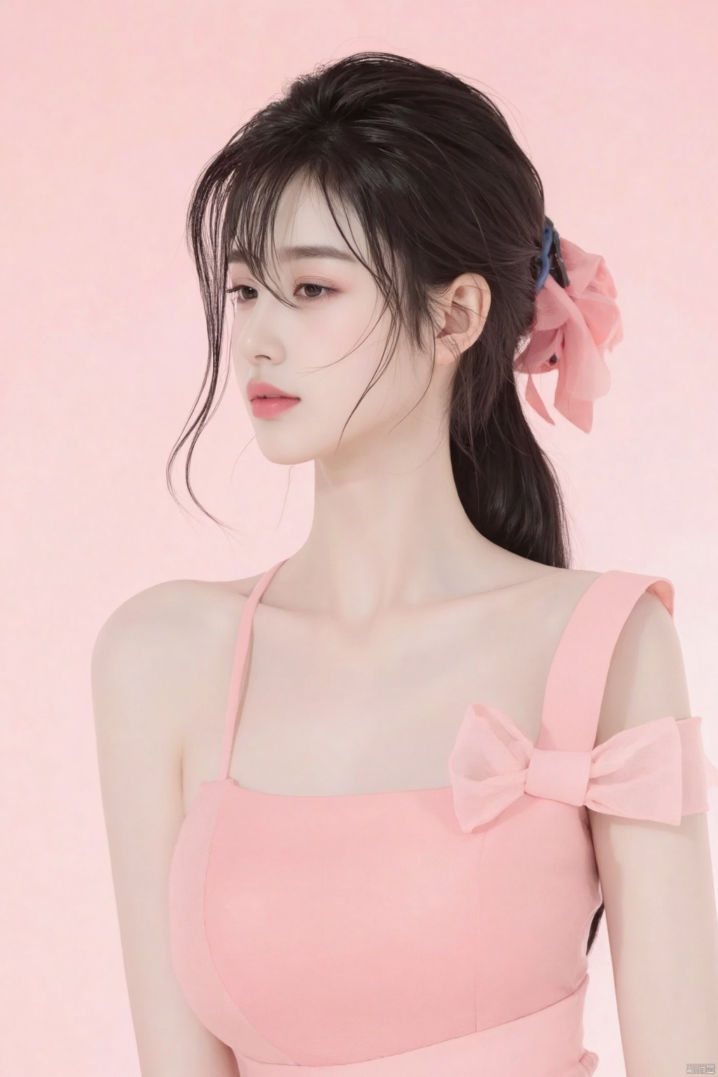 1girl,earrings,jewelry,solo,arms_behind_back,long hair,upper body,hair ornament,hair bun,black hair,dress,pink dress,ribbon,pink theme,