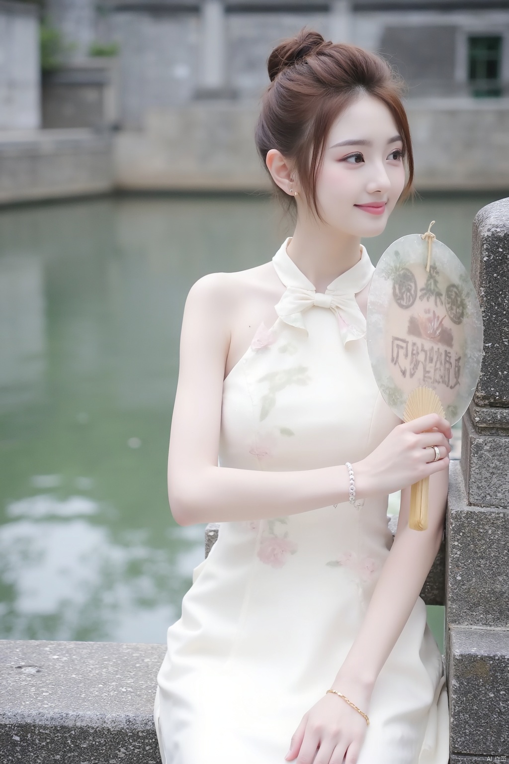 1girl, solo, brown hair, dress, holding, jewelry, sitting, outdoors, hair bun, white dress, bracelet, looking to the side, chinese clothes, single hair bun, china dress, hand fan, holding fan, photo background