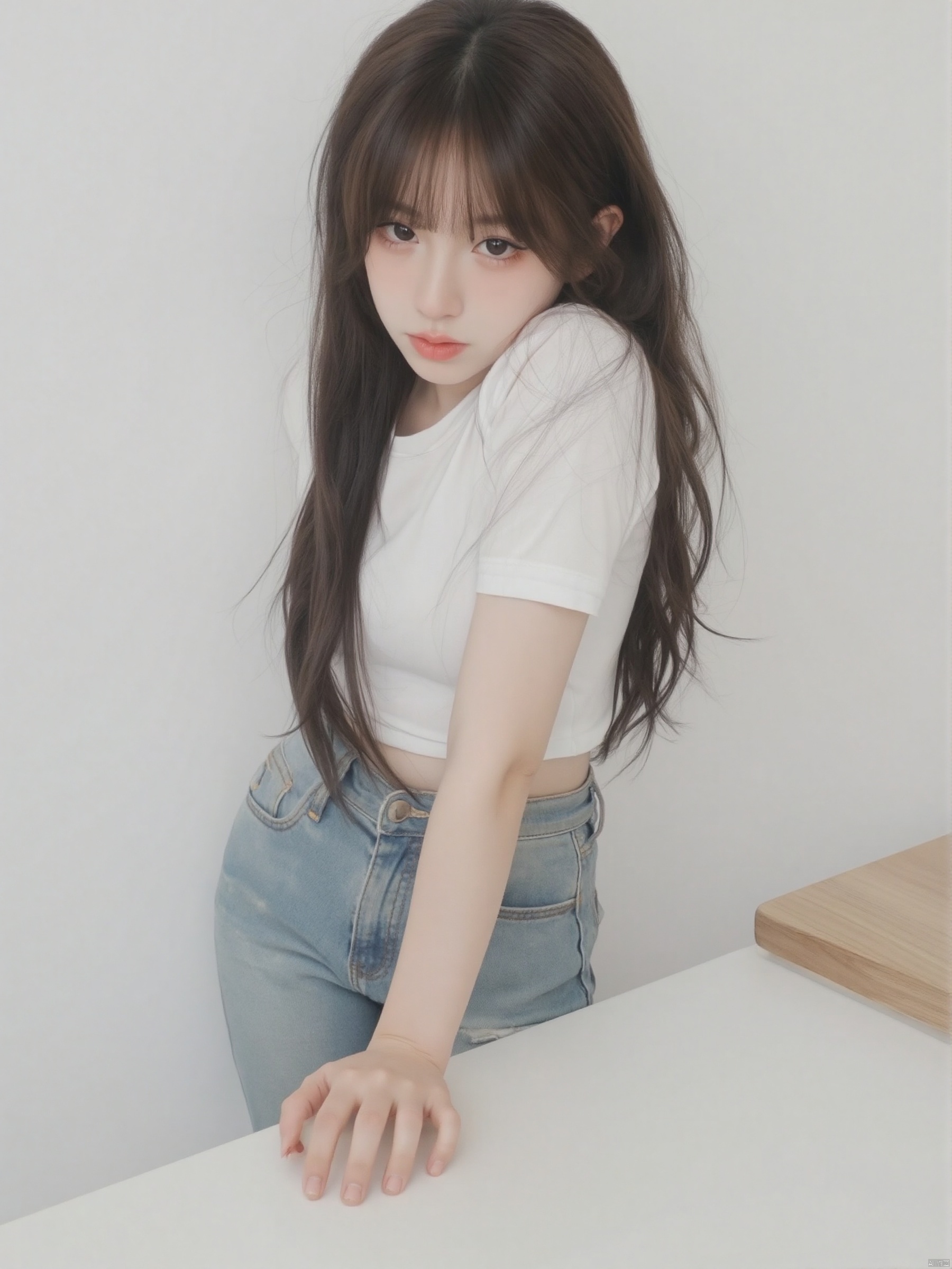 a young Asian woman with long dark brown hair, wearing a white short-sleeved t-shirt and jeans, is leaning on a white table. Her left hand is resting on the table, adding a touch of touch to the scene. The backdrop is a stark white wall, creating a stark contrast to the woman's white shirt.