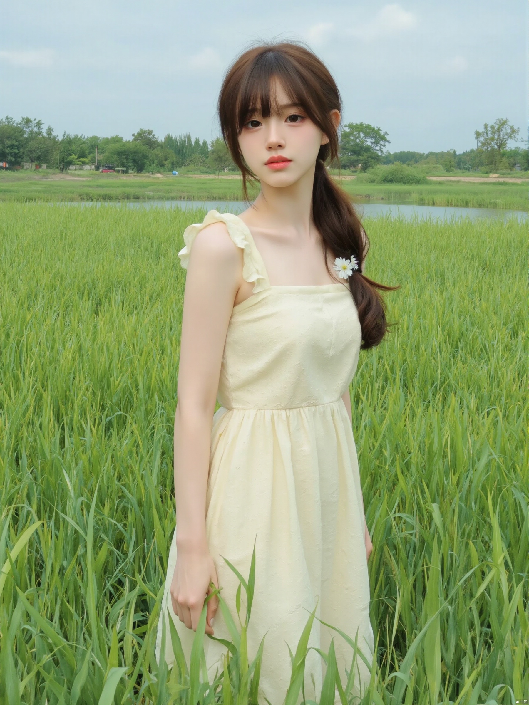 a young Asian girl stands in a field of vibrant green grass. She is dressed in a cream sleeveless dress adorned. Her hair is pulled back in a ponytail, adding a pop of color to her face. The backdrop, a tranquil body of water can be seen, with a few trees and shrubs in the distance. The sky is a light blue, dotted with white clouds.