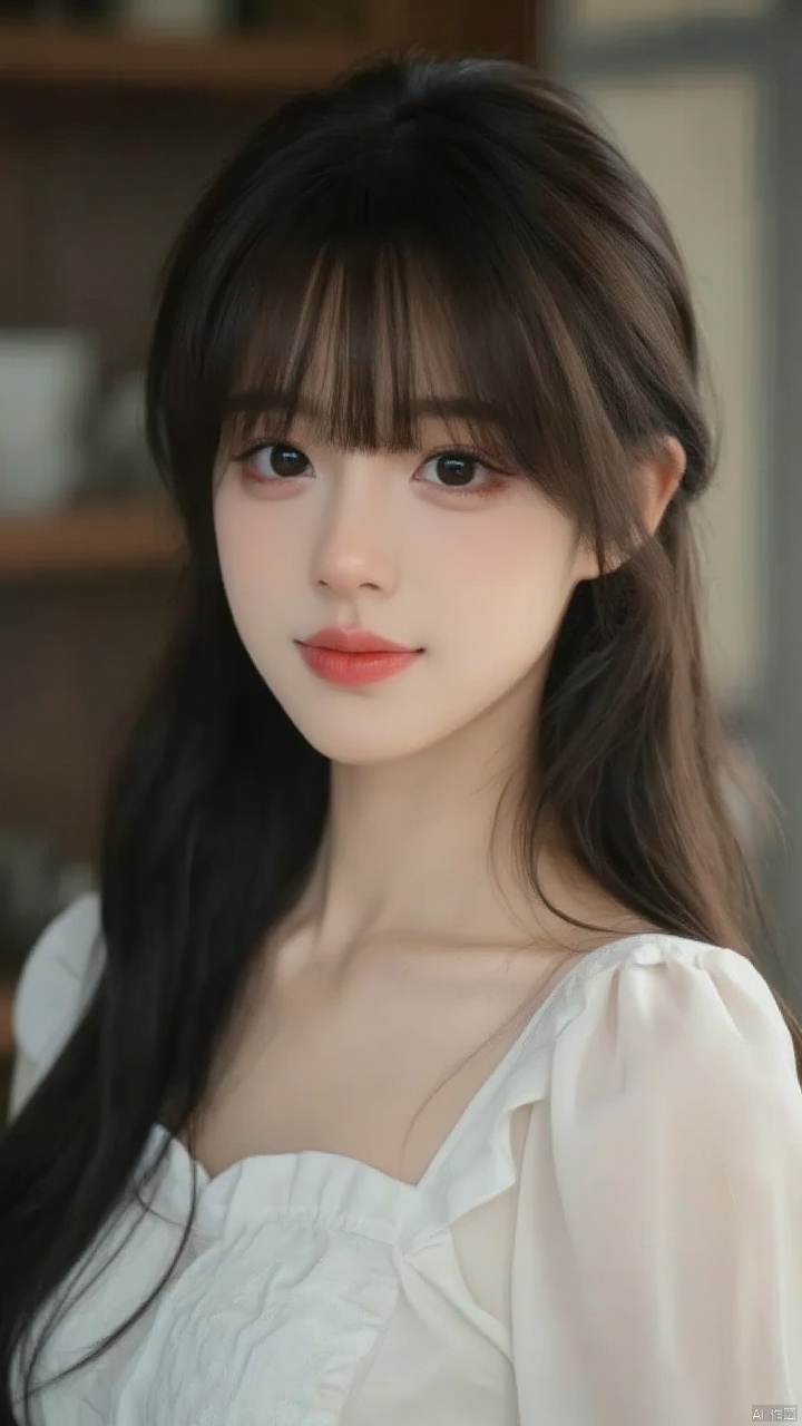 A close-up shot of a young Asian woman with dark brown eyes and dark brown hair. She is dressed in a white dress with a white blouse that has a ruffled collar. The background is blurred, but it is out of focus. The woman's lips are a vibrant shade of red. Her eyebrows are a darker shade of brown. She has a slight smile on her face, adding a pop of color to her face.