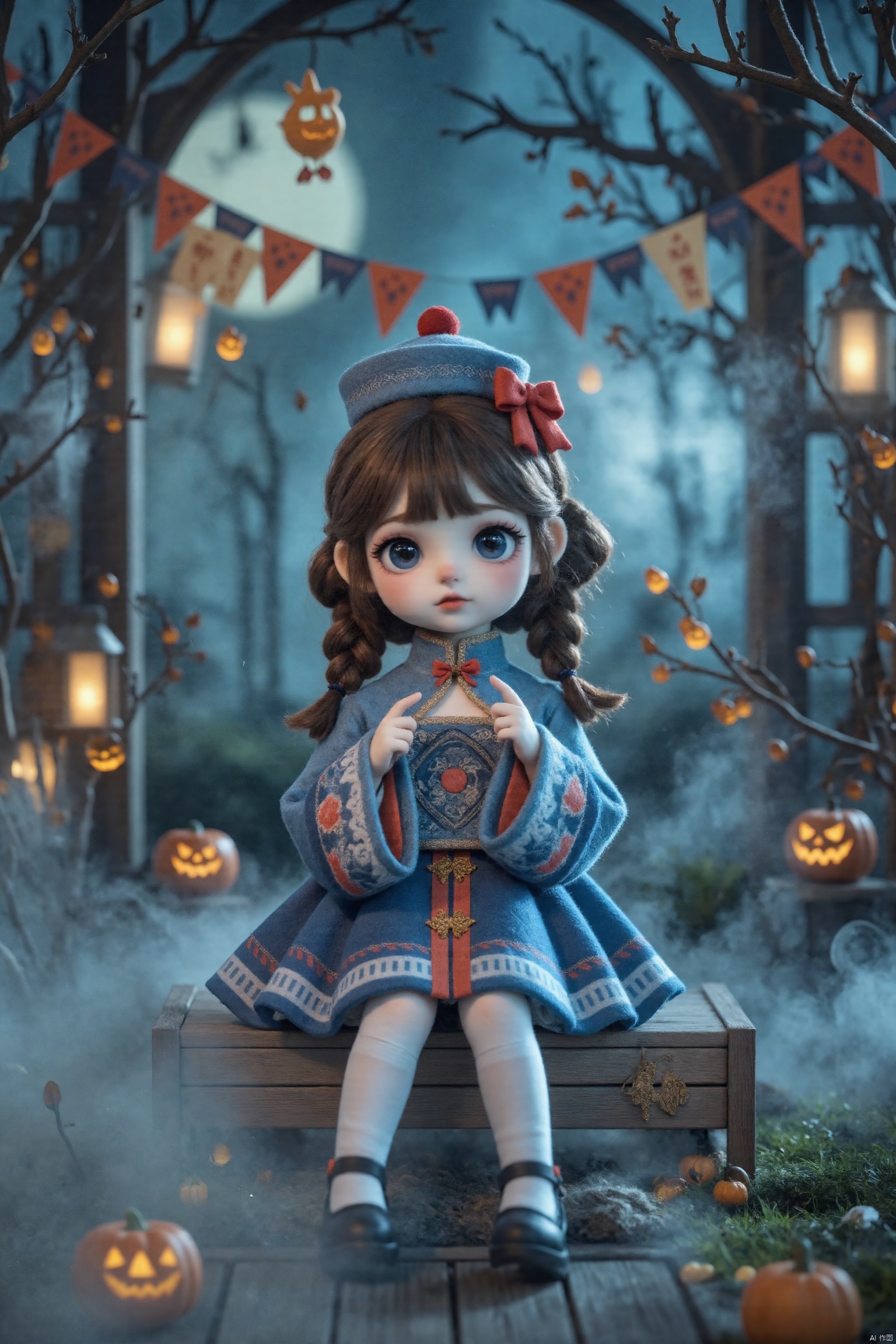 A whimsical Halloween scene featuring,CG,8K,1girl, solo, long hair, looking at viewer, bangs, brown hair, long sleeves, hat, dress, bow, holding, sitting, full body, braid, pantyhose, wide sleeves, black footwear, blurry, red bow, twin braids, blurry background, blue dress, wariza, chinese clothes, blue headwear, white pantyhose, ofuda,Q-version wool felt