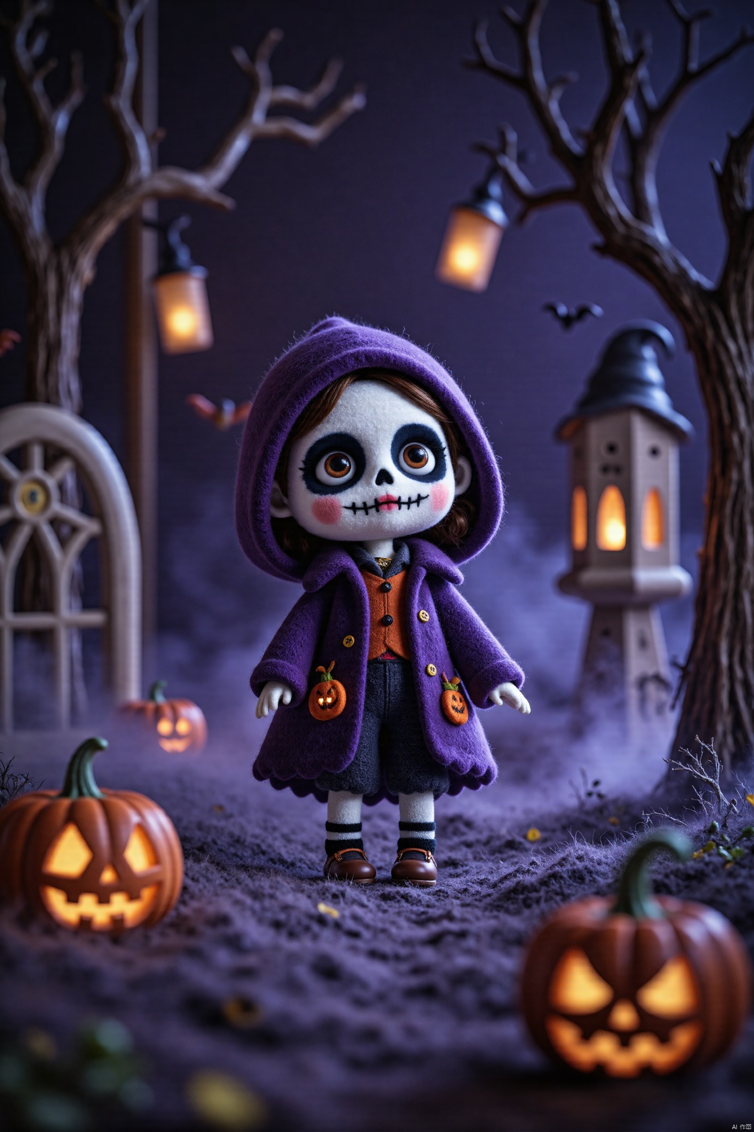 Q-version wool felt,A whimsical Halloween scene featuring,Halloween,skeleton doll,atmosphere,ultra high definition,close-up,3D,oc rendering,doll,cloth art,cloth products,surrealism,dream core style,fluorescent color,movie poster style , cg oil painting, visual impact