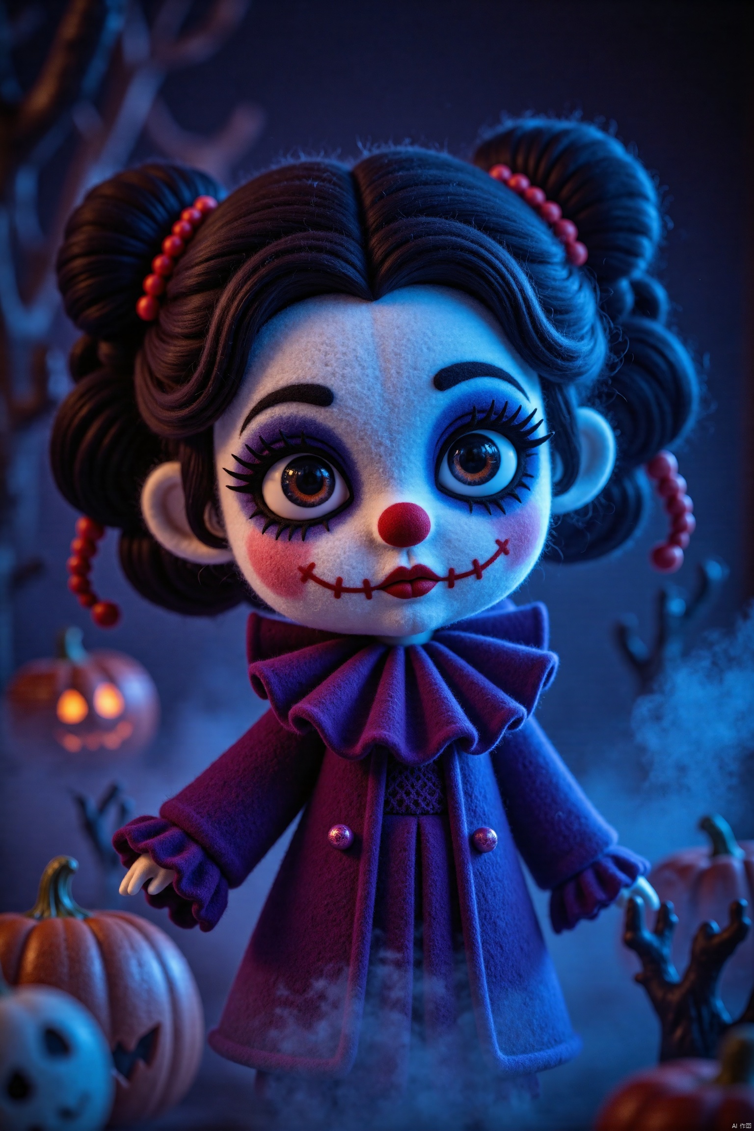 Q-version wool felt,A whimsical Halloween scene featuring,a beautiful Chinese girl with black hair,makeup and clown makeup on her face,dark background,red rim light,long eyelashes,big eyes,smoky lips,red Nose, red mouth, fluorescent color scheme, dark blue tint, HD photography, super detail, 3D rendering, super resolution