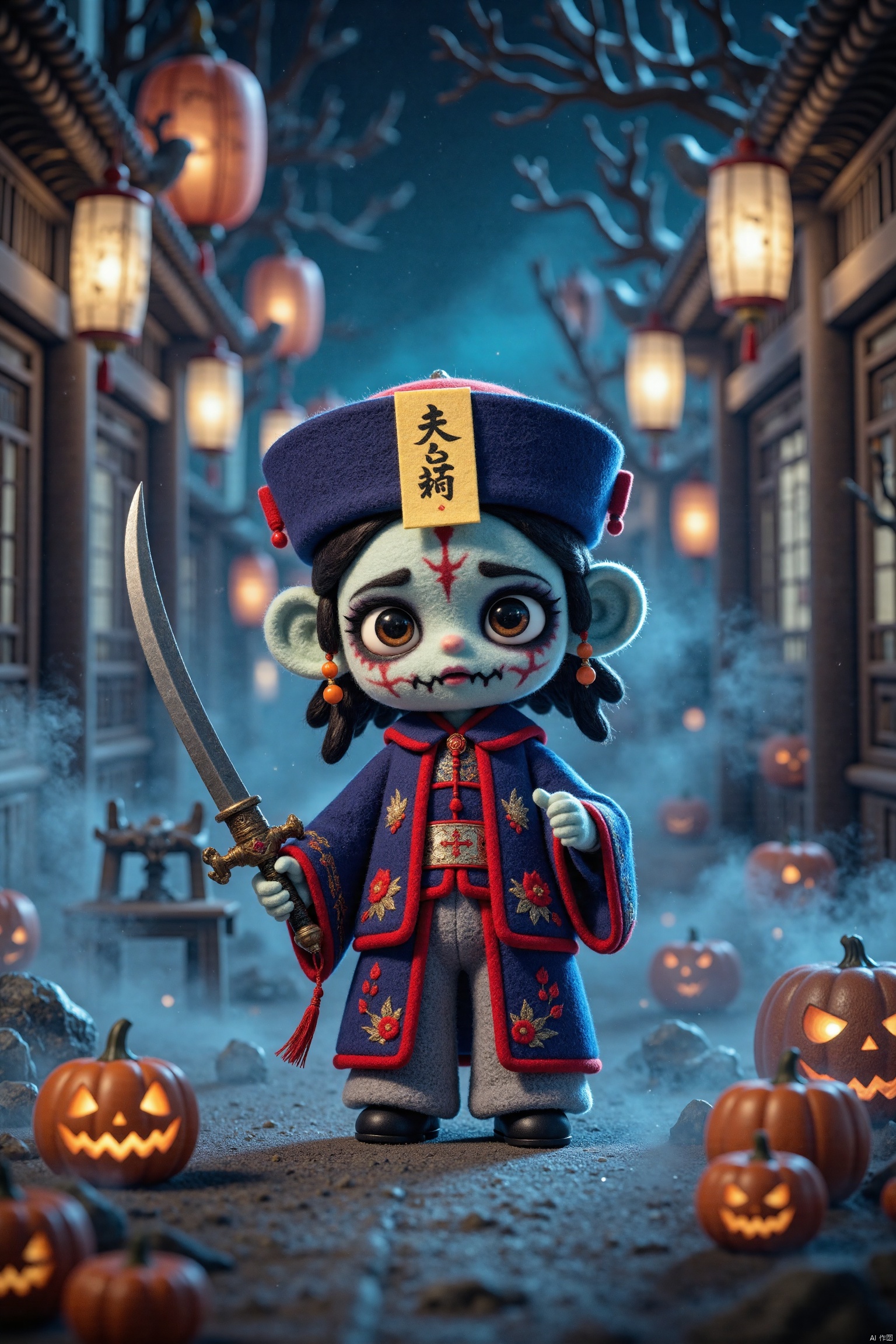 Q-version wool felt, A whimsical Halloween scene featuring a small, Spring Festival night, ancient streets, decorated with lights, a super cute Qing Dynasty zombie costume Transformers Autobot Optimus Prime, holding a mecha sword, big eyes, head Wearing an official hat from the Qing Dynasty, a long yellow paper charm is posted on the forehead, dynamic posture, angle, realistic shooting, ultra-high-definition pixels, high saturation, 32K high definition