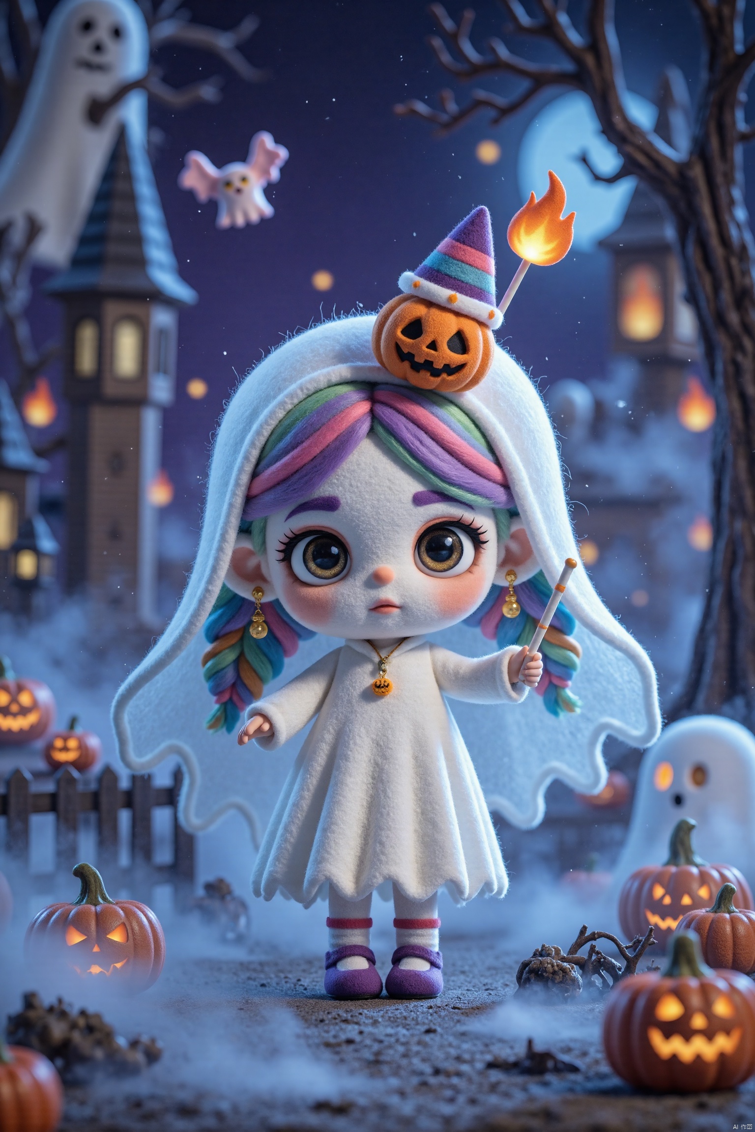 Q-version wool felt, A whimsical Halloween scene featuring a small, Halloween, cartoon image, cartoon world, cute ghost girl, wearing a transparent candy-colored dress, rainbow-colored hair, wearing a small decorated head Jack-o'-lantern in candy hat holding a wand transformed from a magic lollipop, HD, detailed detail, close-up, 3d