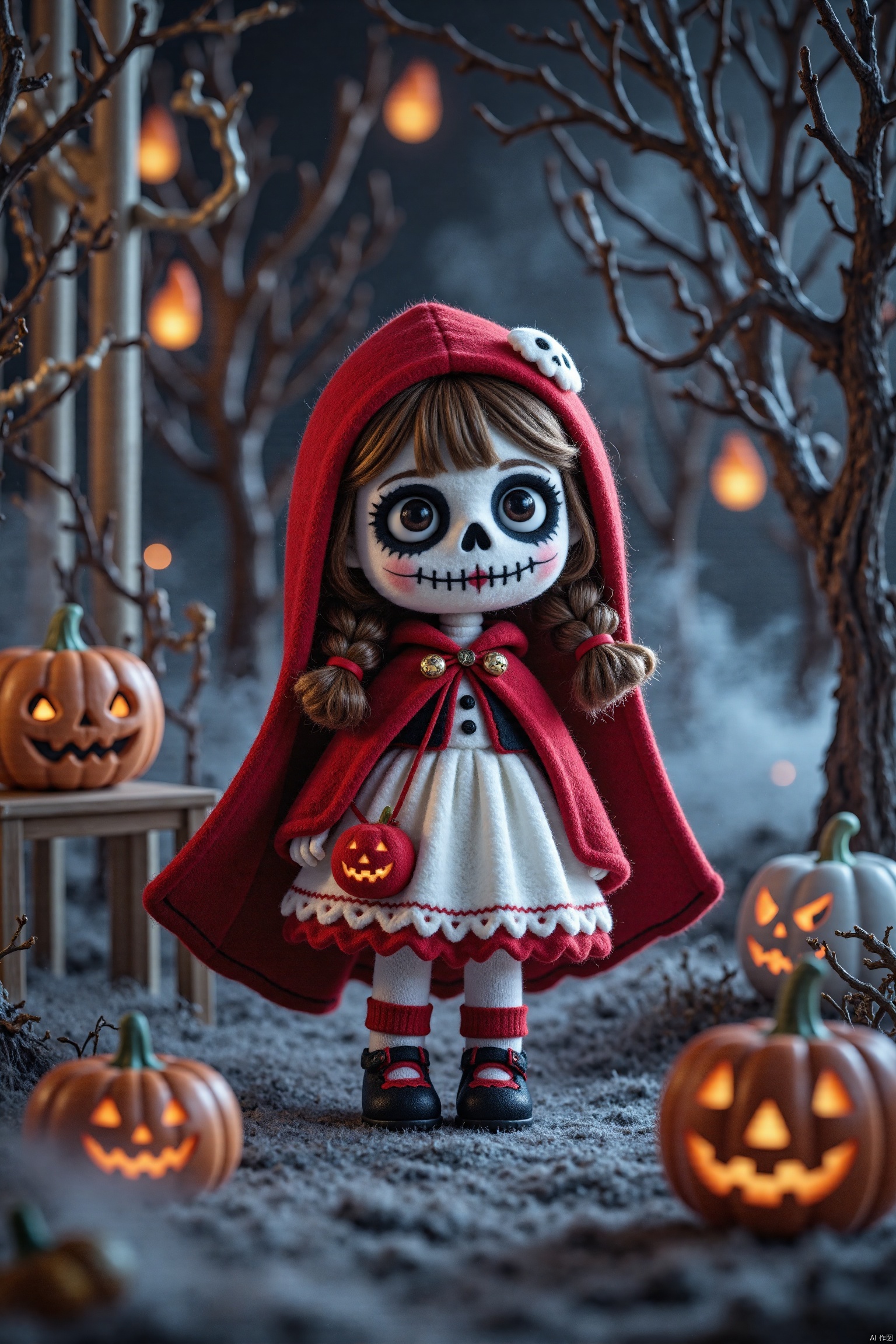 Q-version wool felt,A whimsical Halloween scene featuring a small, adorable skeleton girl in her red cape and dress with white trim