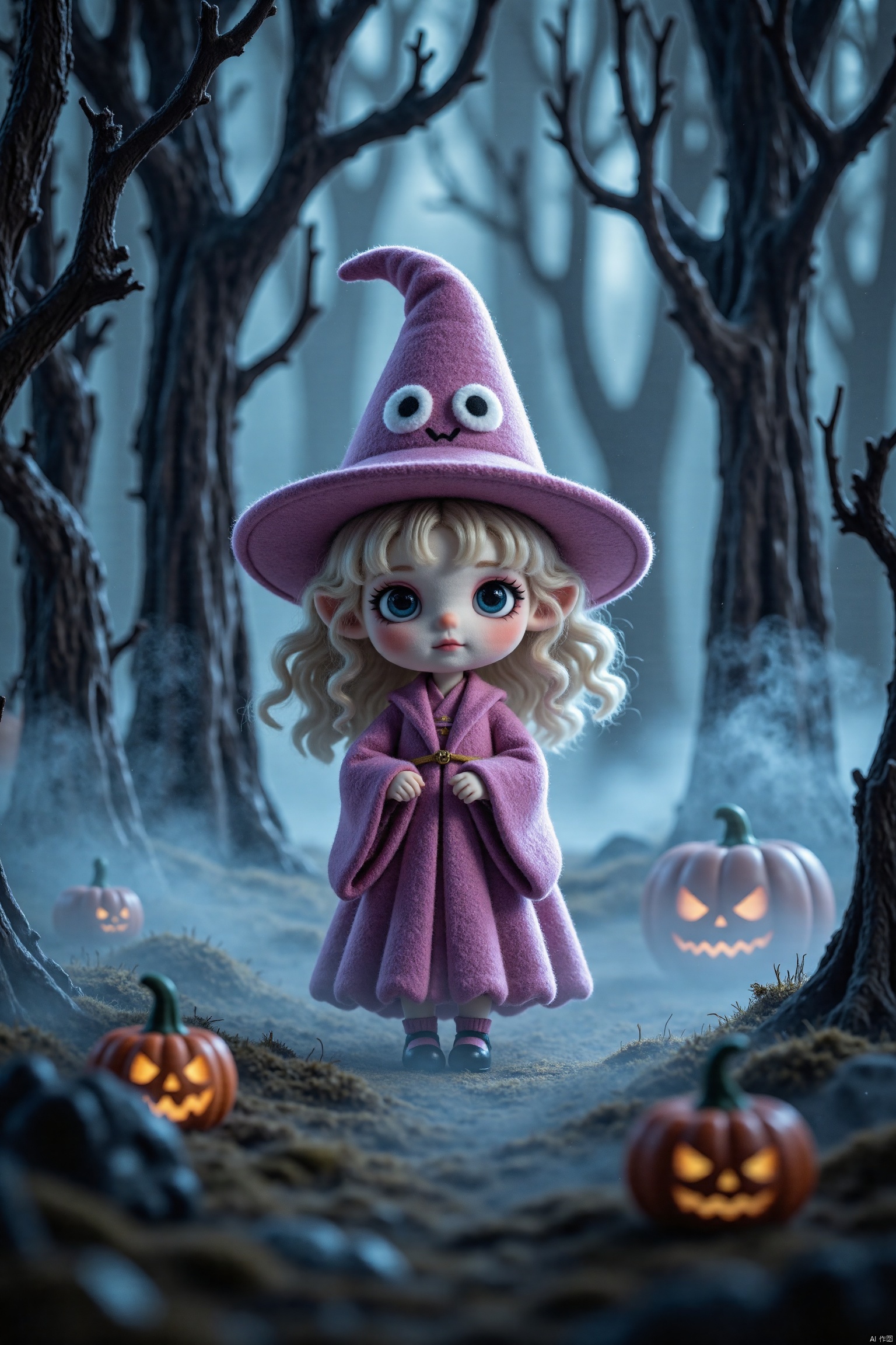 Q-version wool felt, A whimsical Halloween scene featuring a small, a unique style stands in an ancient forest on a foggy morning. Blonde and blue-eyed witch with front, dressed in a traditional pink robe and wearing a pink wizard's hat, surrounded by a dense forest shrouded in thick fog. The light is soft and diffused, casting soft shadows that create a serene and mysterious atmosphere. The artistic influence is surrealism, which adds a dreamlike fantasy element to the composition. Award-winning work, epic composition, extremely detailed