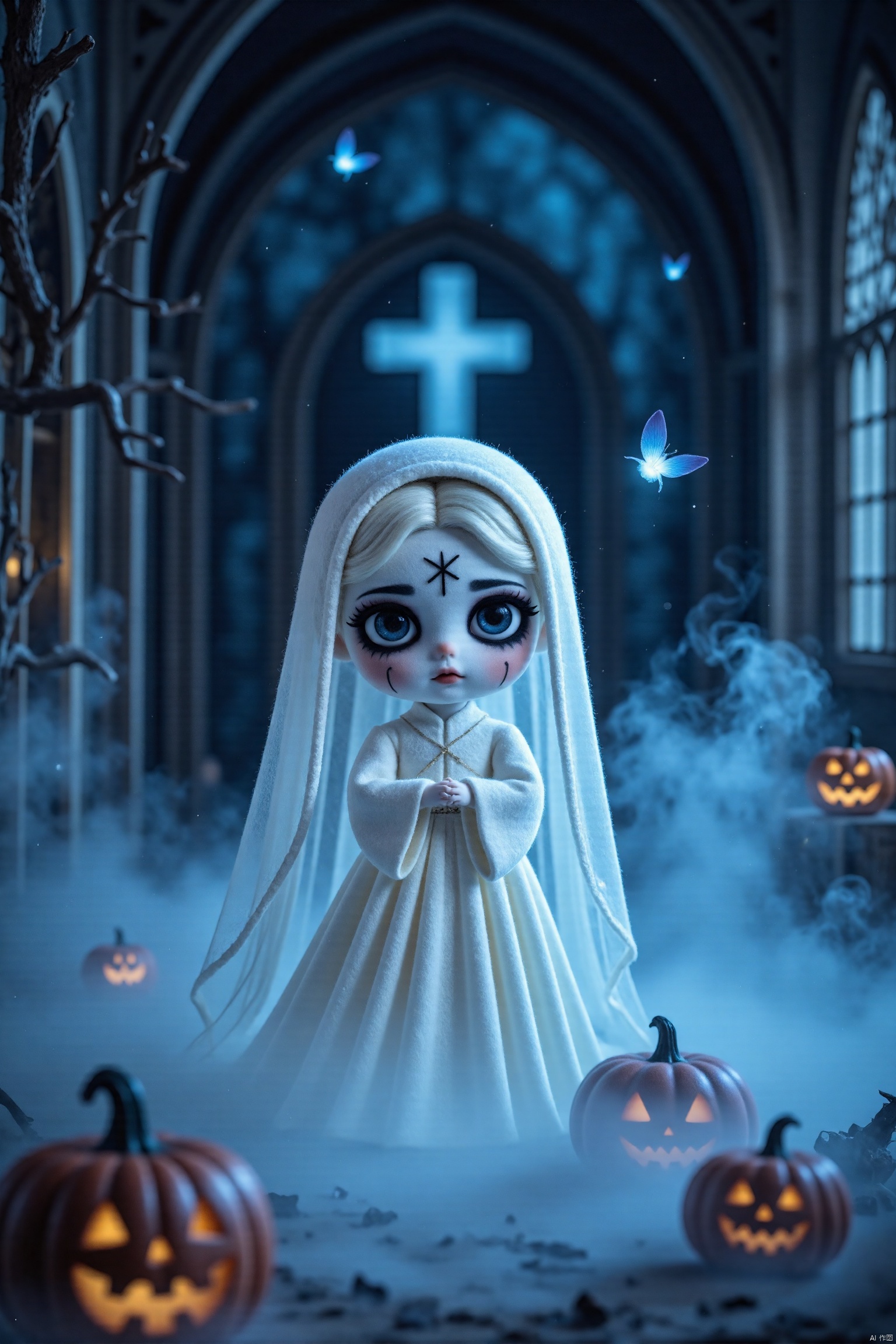 Q-version wool felt, A whimsical Halloween scene featuring, a beautiful white jade doll, the body emits a slight blue light ((((The skin is like a porcelain doll, with traces of cracks))), the skin is like white porcelain, and the whole body is white porcelain The same skin, cracked, real, transparent, smooth jade texture, blue fireflies flying around, hazy halo effect, blurred, hazy, dreamy, out of focus, edge outline, 3D, translucent, biological Glow, Tyndall effect, light and shadow, fluorescence, pearlescent color, blue tone, wearing a gorgeous shabby white wedding dress, thin, (((((character close-up, face close-up, large close-up, makeup close-up)))), Halloween pumpkin lantern, sadness , crying, black tears, the background is a dilapidated church, a looming implicit cross, dilapidation, Halloween atmosphere, blue halo, moonlight side light, spot light, smoke, imitation makeup of cultural relics, escape from the British Museum, masterwork, prayer , dignified, atmospheric, gloomy, bust, large aperture, artwork, art film, high-end, movie texture, Tsui Hark movie, high definition, 8K, lots of details, extreme light and shadow, retro lighting, contour light, hazy halo