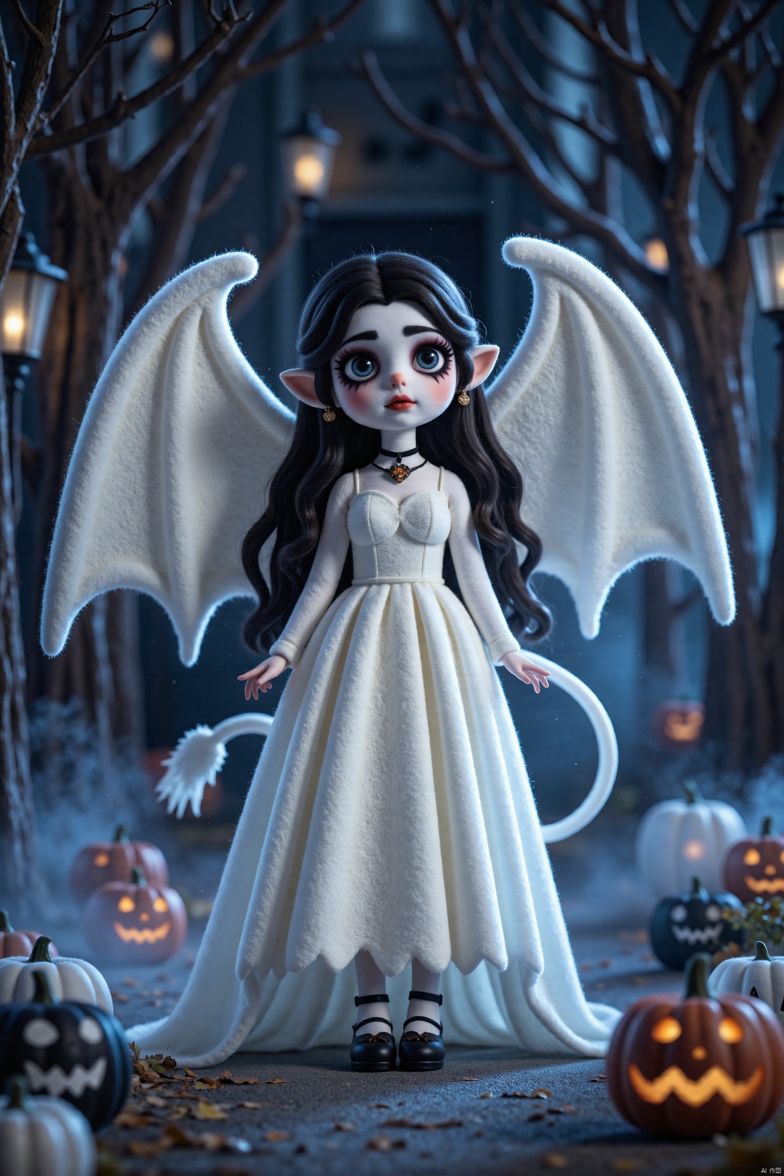 Q-version wool felt,A whimsical Halloween scene featuring,Halloween cos,female,full body,white skirt,vampire makeup,long hair,white tail,white huge wings behind,Halloween street in the background,decorated with black and white pumpkins,HD 32K,exquisite,ultra-high definition real photo,surrealism