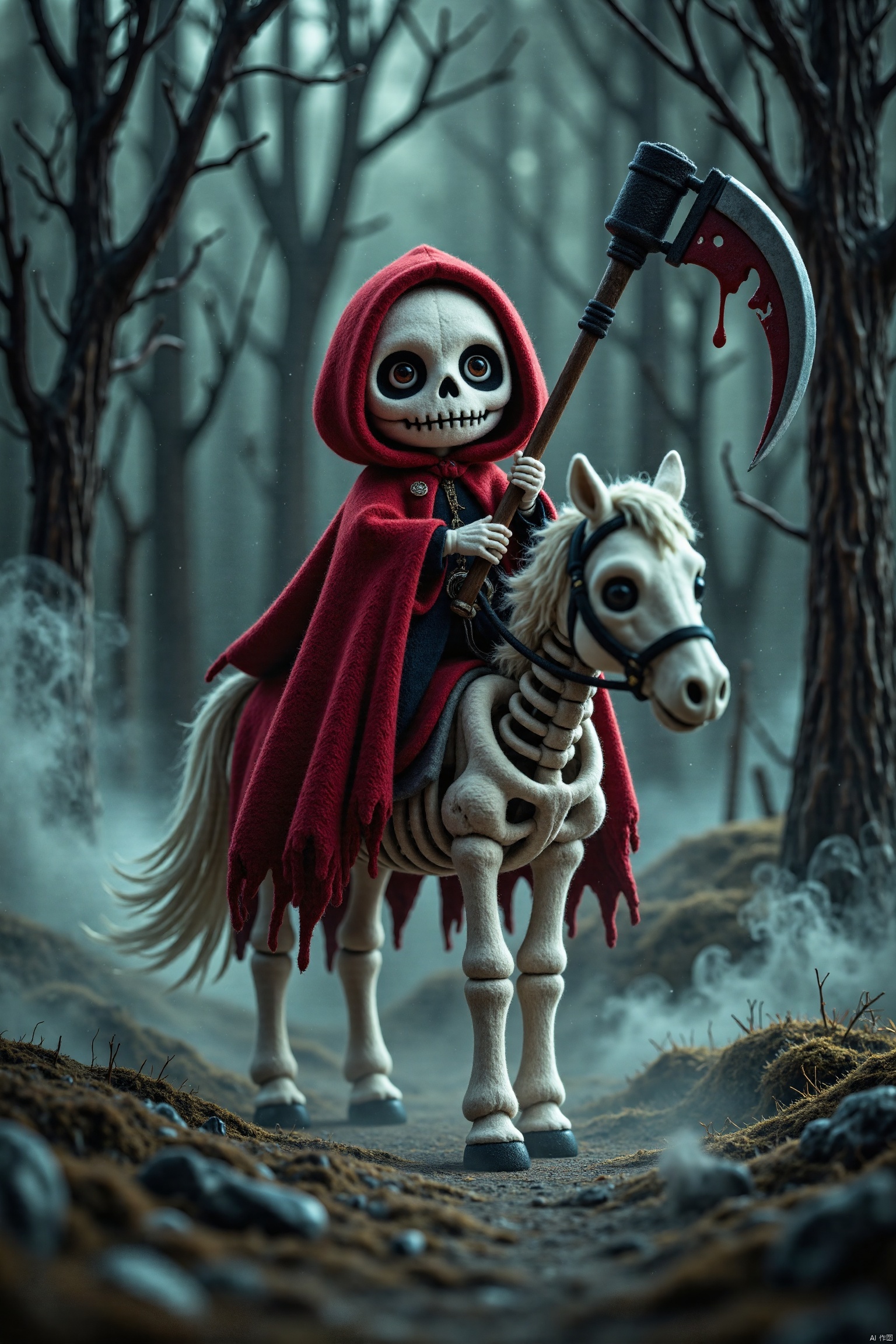 Q-version wool felt,Panoramic photo, a Death God skeleton in a red blood robe, riding a skeleton horse on a forest path, holding a huge sickle with blood dripping on it. The composition is exquisite, and the background has a movie **** dark and fearful atmosphere, which feels strange, hazy, and low saturation