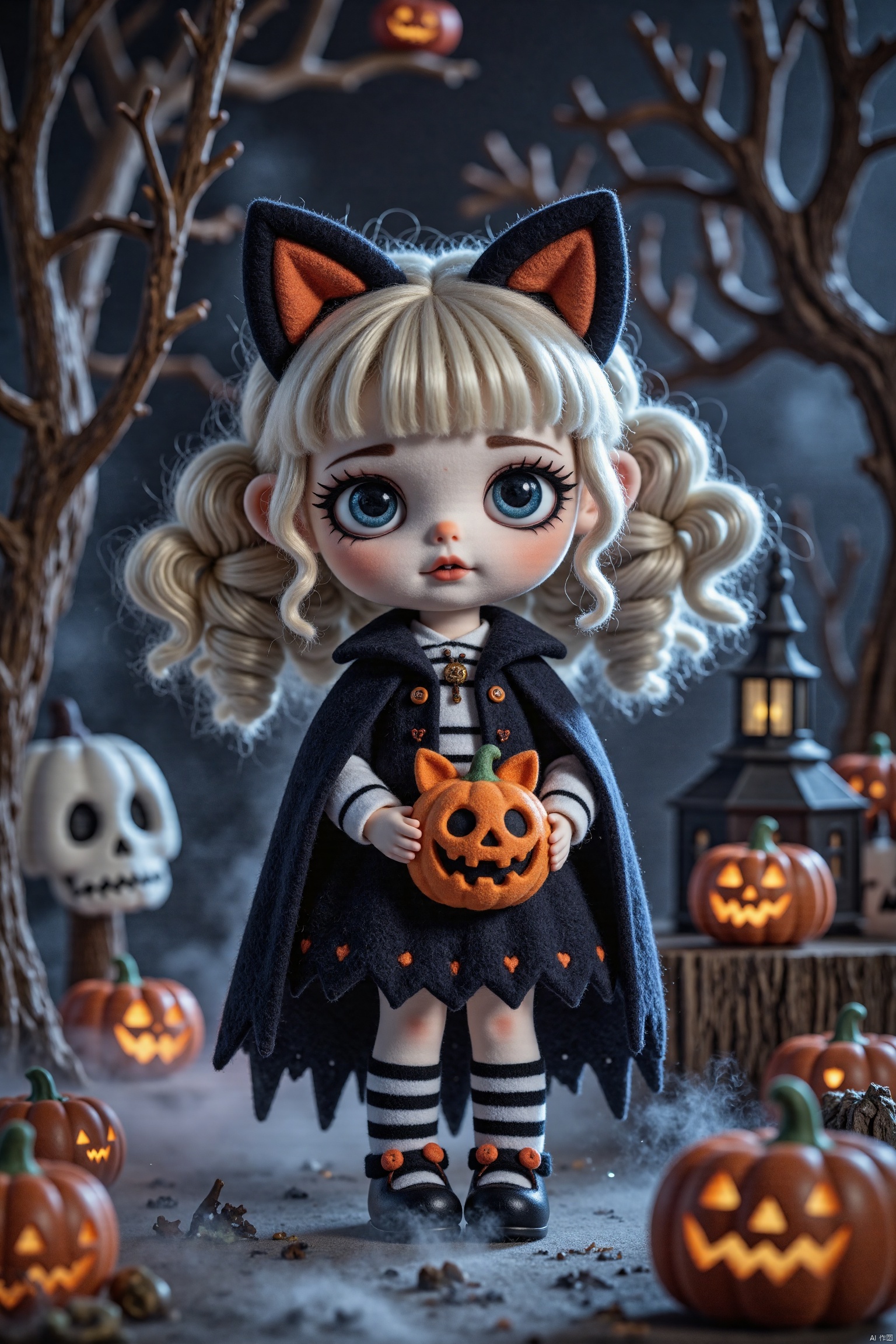 Q-version wool felt,A whimsical Halloween scene featuring,Q-version wool felt,A whimsical Halloween scene featuring a doll with cat ears, holding an orange and black pumpkin. 