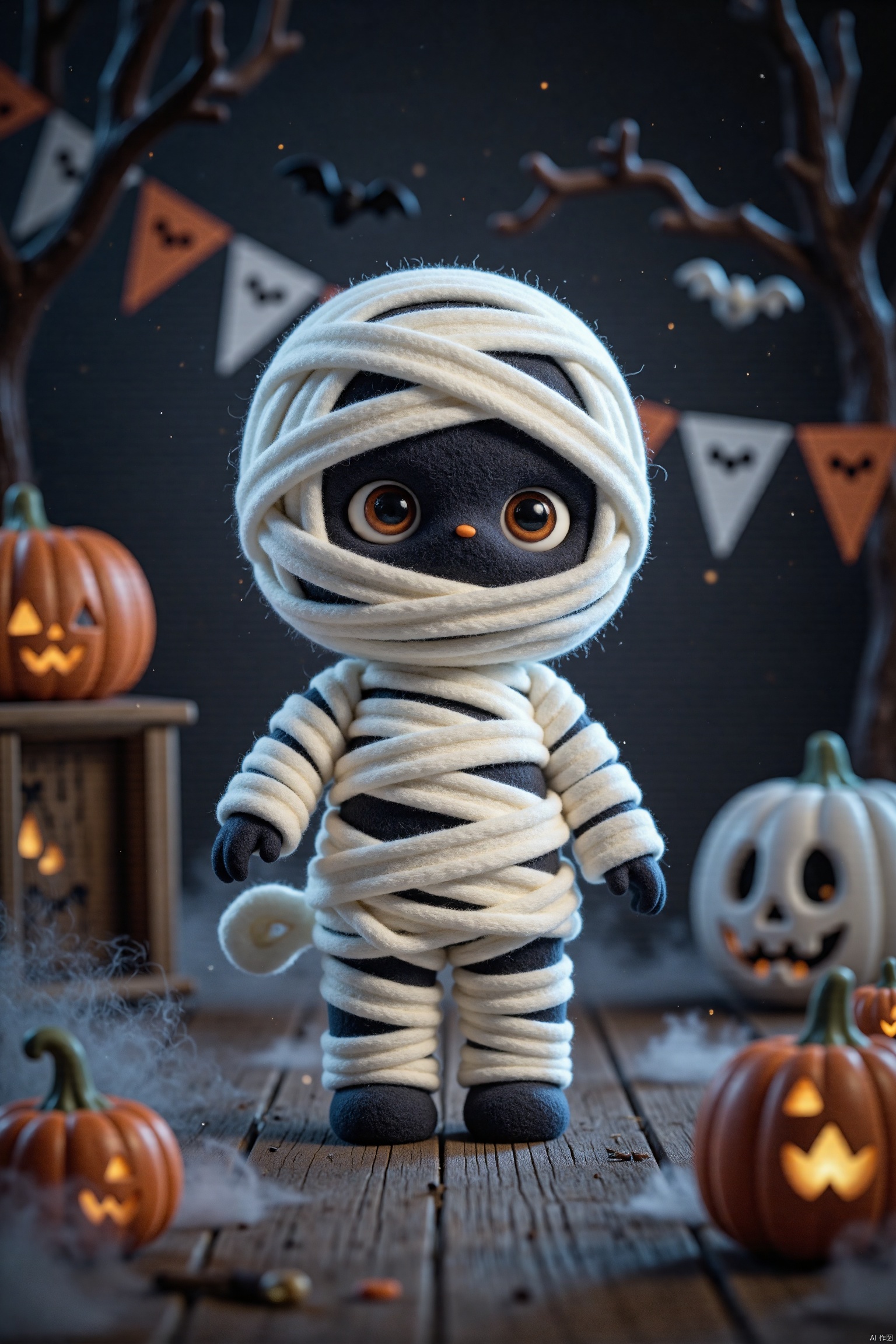 Q-version wool felt,A whimsical Halloween scene featuring,Halloween,Q-version wool felt,A whimsical Halloween scene featuring,Mummy shaped, playful and cute