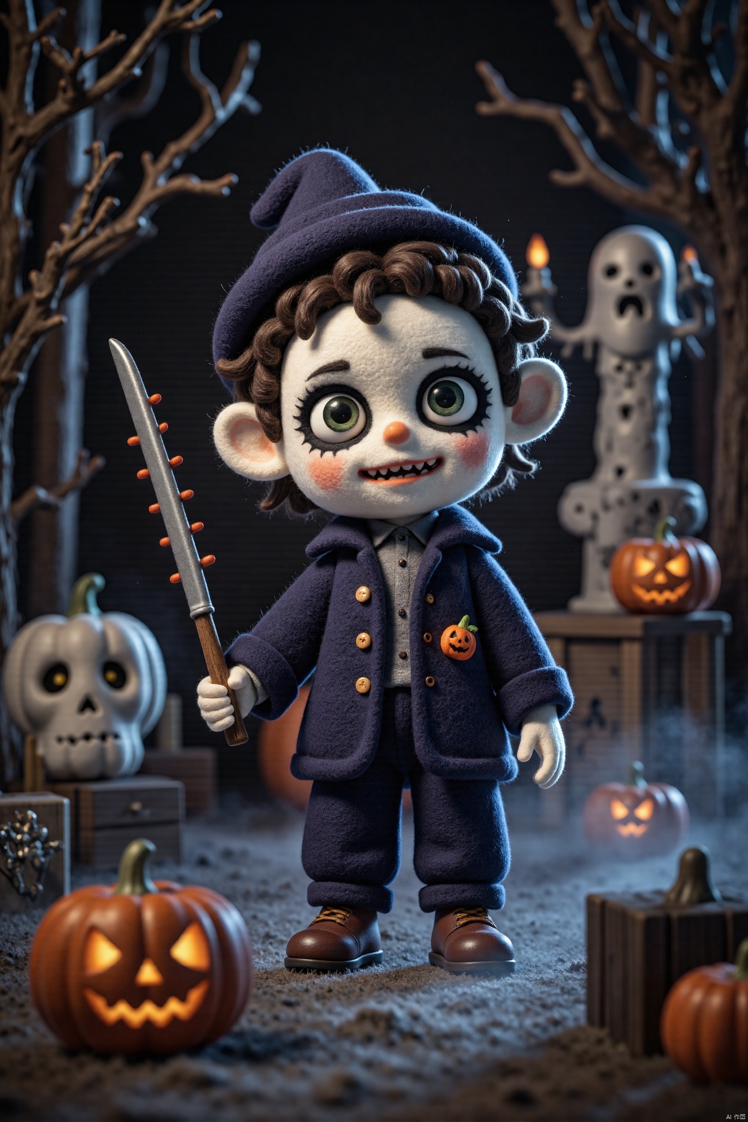 Q-version wool felt, A whimsical Halloween scene featuring,the 'saw' character Billy