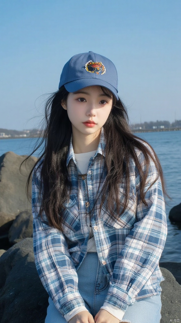 Close to a young Asian woman,is seated on a large black rock. She is adorned with a blue and white plaid shirt. The woman's hair is long,dark brown,and she's wearing a blue baseball cap. The backdrop of the image is a body of water,with a clear blue sky above.,
