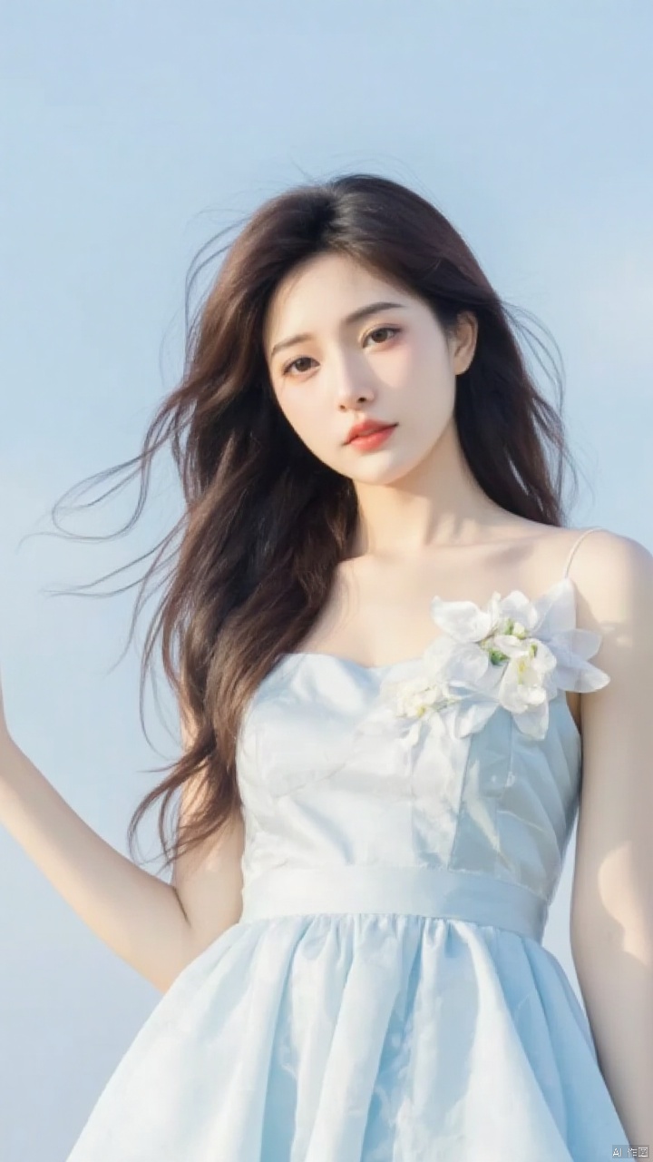 a medium-sized Asian woman with long brown hair,wearing a light blue sleeveless dress adorned with a white flower on the left side of her dress.The backdrop is a soft blue sky,creating a stark contrast to the woman's outfit.,