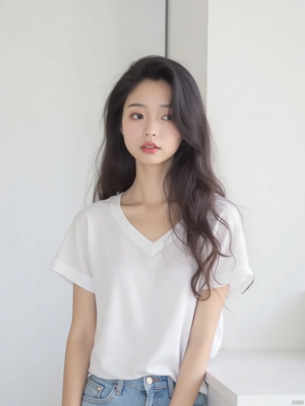a young Asian woman with long dark brown hair,wearing a white short-sleeved t-shirt and jeans,is leaning on a white table. Her left hand is resting on the table,adding a touch of touch to the scene. The backdrop is a stark white wall,creating a stark contrast to the woman's white shirt.,