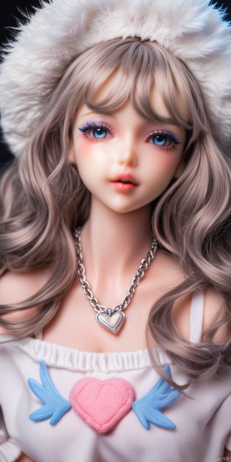 OBwans,Halloween makeup,Highly detailed face,
This is a high-resolution photograph of a young woman with an ethereal, doll-like appearance. Her skin is fair and smooth, and she has long, wavy brown hair cascading down her shoulders. She wears a fluffy white fur hat that adds a touch of whimsy to her look. Her makeup is elaborate and striking: she has bold, winged eyeliner that accentuates her large, expressive blue eyes, and her cheeks are painted with a soft pink blush that contrasts with her pale skin. Her lips are full and painted a deep red, enhancing her doll-like features. She also has a bandage on her nose, adding a touch of injury or medical theme to her look. On her cheeks, there are small pink heart stickers and a larger pink bandage sticker with a cross pattern, adding to the playful, almost cartoonish aesthetic. She wears a delicate, silver chain necklace that adds a touch of elegance to her otherwise youthful and whimsical look. The background is neutral, allowing the focus to remain entirely on her face and makeup. The image is vibrant and colorful, with a high level of detail that emphasizes the intricate makeup and the doll-like quality of her appearance.,score_9 score_8_up score_7_up,score_9 score_8_up score_7_up,,Realistic,