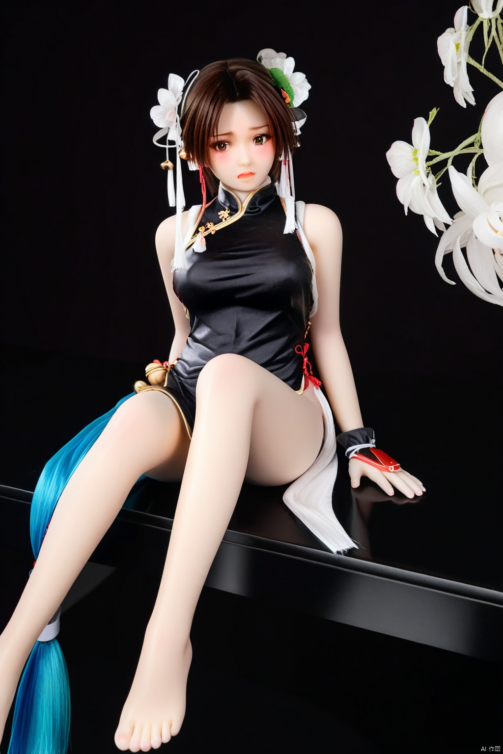  figure,masterpiece,best quality,1girl,crouch on handmade flat form.(ShiranuiMai:1.3),solo,looking at viewer,black neon  background,hair flower,chinese dress,alternate costume,bell,blush,sitting,simple background,bare shoulders,open mouth,white flower,bare feet.