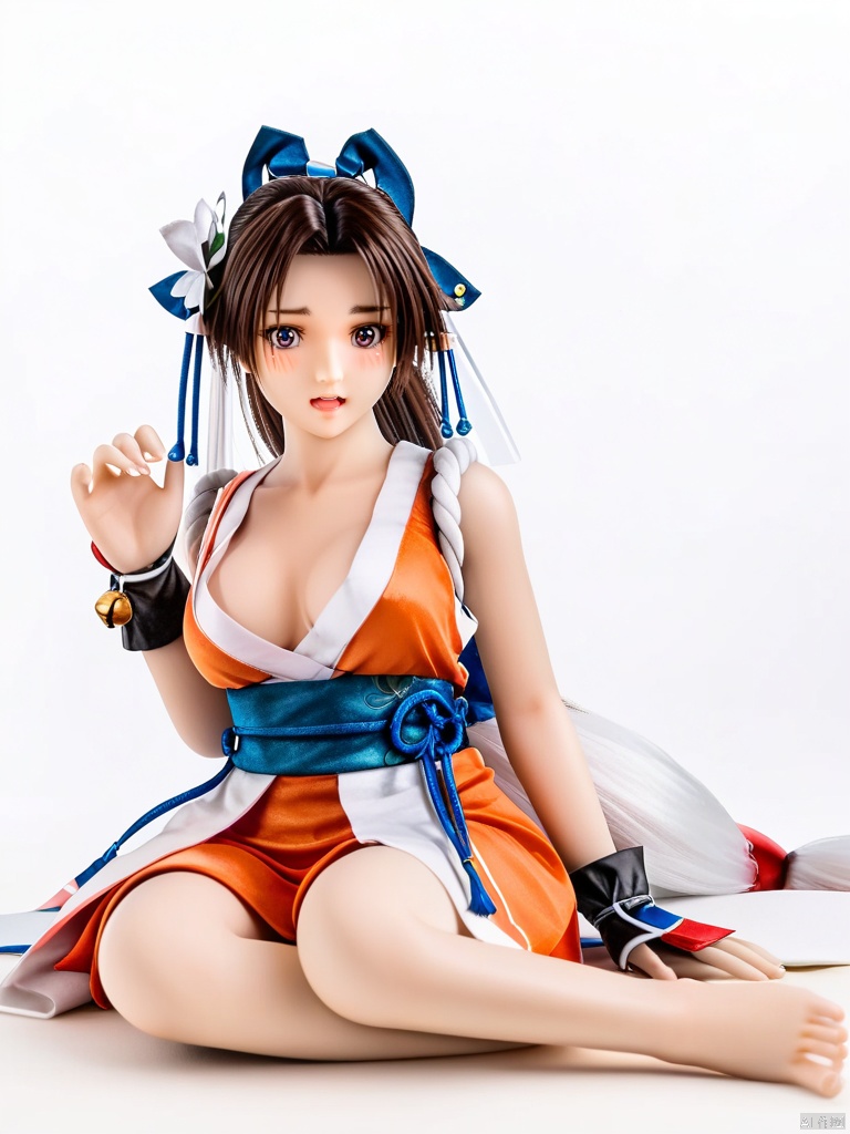  figure,masterpiece,best quality,1girl,(ShiranuiMai:1.3),solo,looking at viewer,white background,hair flower,NINJA dress,alternate costume,bell,blush,sitting,simple background,bare shoulders,open mouth,white flower,bare feet.