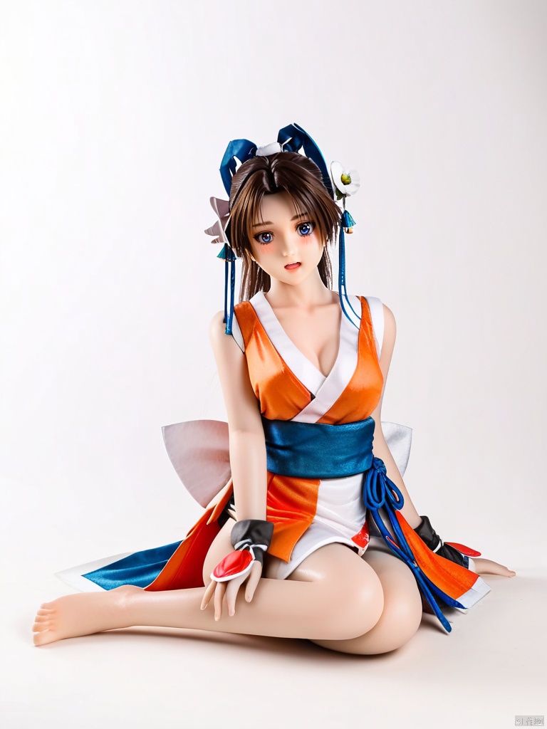  figure,masterpiece,best quality,1girl,(ShiranuiMai:1.3),solo,looking at viewer,white background,hair flower,NINJA dress,alternate costume,bell,blush,sitting,simple background,bare shoulders,open mouth,white flower,bare feet.