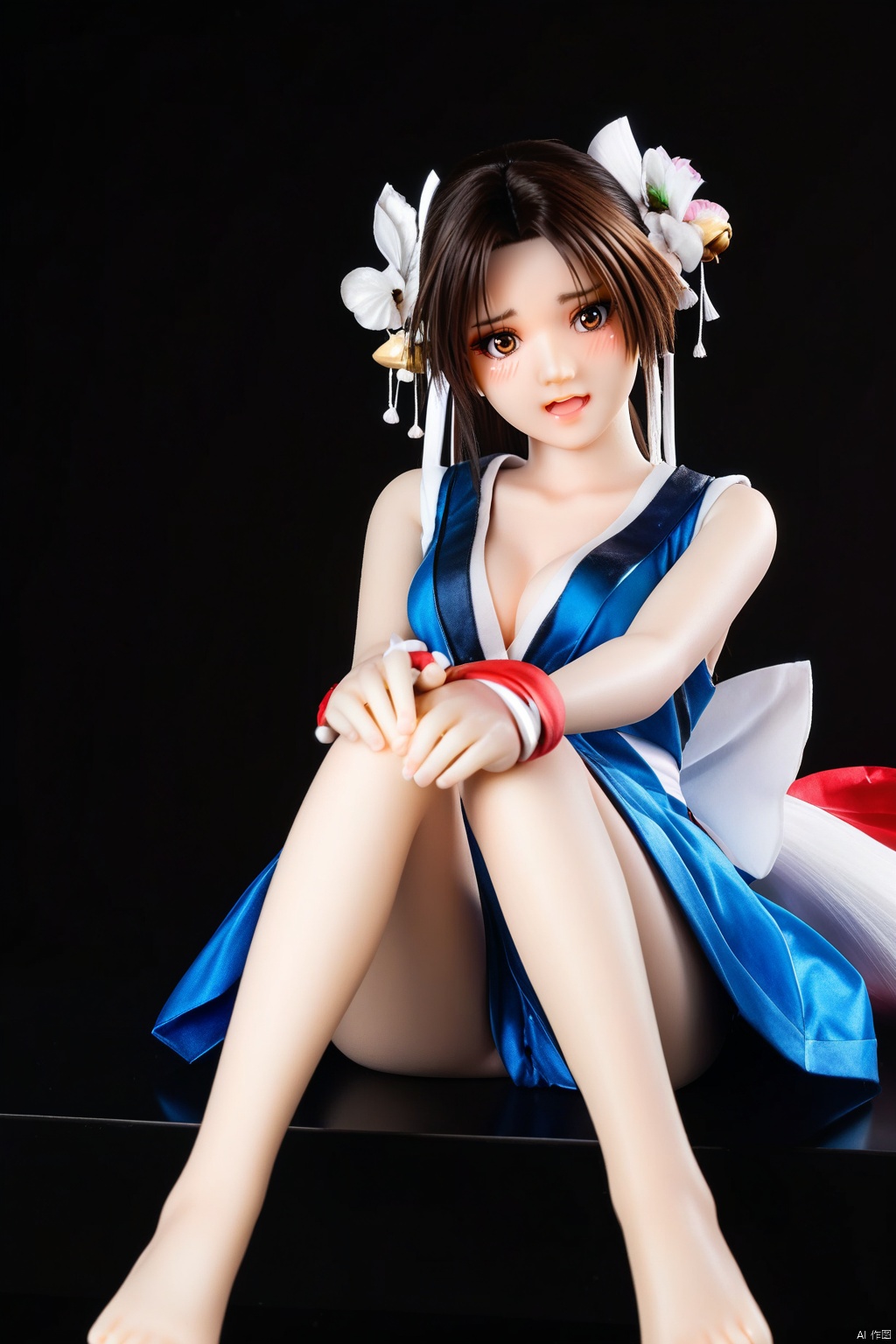 figure,masterpiece,best quality,1girl,(ShiranuiMai:1.3),solo,looking at viewer,black neon  background,hair flower,NINJA dress,alternate costume,bell,blush,sitting,simple background,bare shoulders,open mouth,white flower,bare feet.