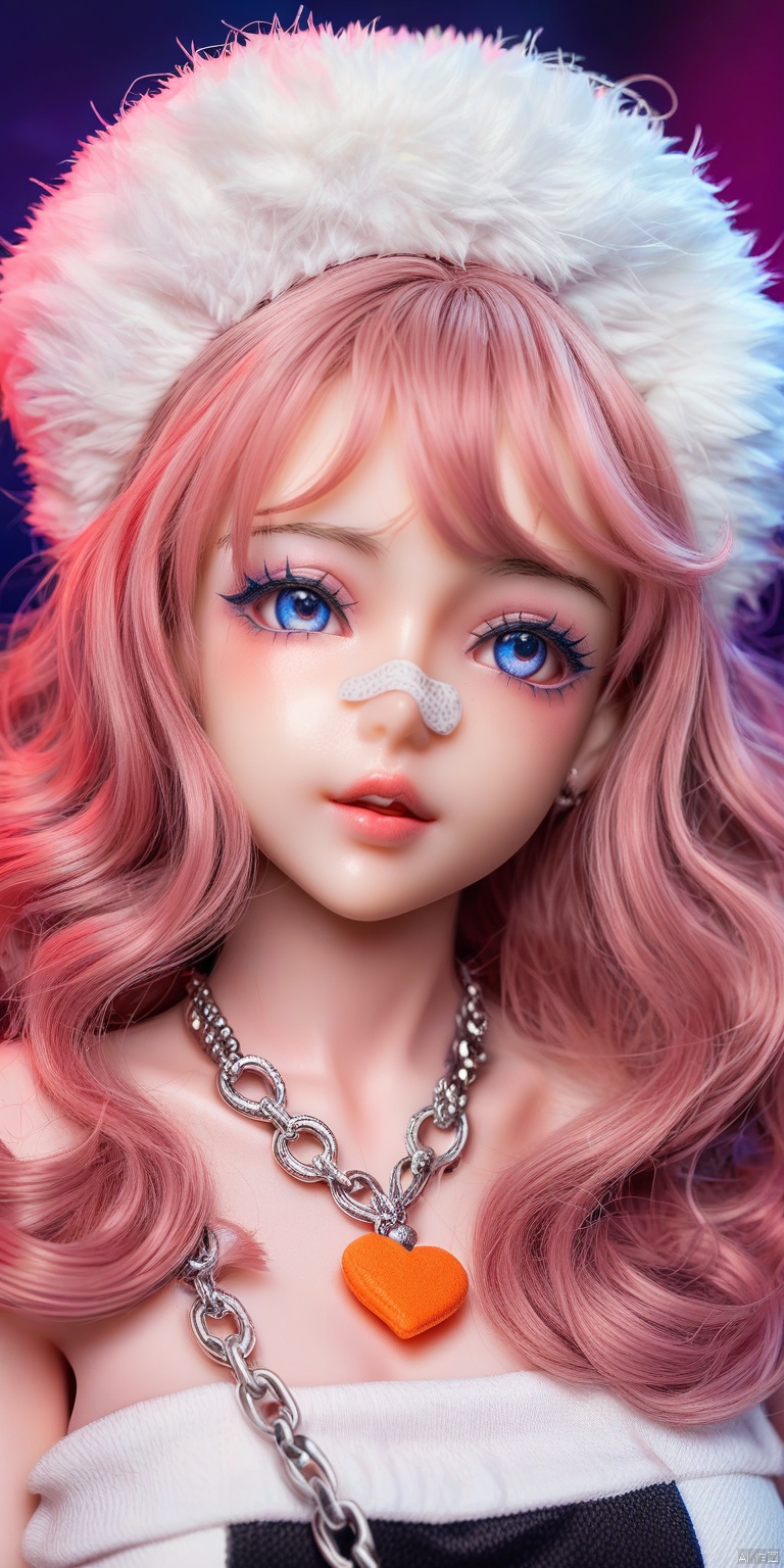OBwans,Halloween makeup,Highly detailed face,
This is a high-resolution photograph of a young woman with an ethereal, doll-like appearance. Her skin is fair and smooth, and she has long, wavy brown hair cascading down her shoulders. She wears a fluffy white fur hat that adds a touch of whimsy to her look. Her makeup is elaborate and striking: she has bold, winged eyeliner that accentuates her large, expressive blue eyes, and her cheeks are painted with a soft pink blush that contrasts with her pale skin. Her lips are full and painted a deep red, enhancing her doll-like features. She also has a bandage on her nose, adding a touch of injury or medical theme to her look. On her cheeks, there are small pink heart stickers and a larger pink bandage sticker with a cross pattern, adding to the playful, almost cartoonish aesthetic. She wears a delicate, silver chain necklace that adds a touch of elegance to her otherwise youthful and whimsical look. The background is neutral, allowing the focus to remain entirely on her face and makeup. The image is vibrant and colorful, with a high level of detail that emphasizes the intricate makeup and the doll-like quality of her appearance.,score_9 score_8_up score_7_up,score_9 score_8_up score_7_up,,Realistic,