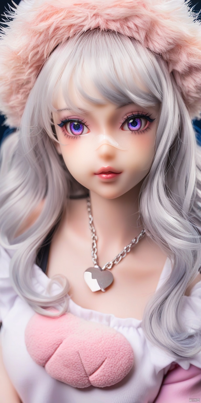 OBwans,Halloween makeup,Highly detailed face,
This is a high-resolution photograph of a young woman with an ethereal, doll-like appearance. Her skin is fair and smooth, and she has long, wavy brown hair cascading down her shoulders. She wears a fluffy white fur hat that adds a touch of whimsy to her look. Her makeup is elaborate and striking: she has bold, winged eyeliner that accentuates her large, expressive blue eyes, and her cheeks are painted with a soft pink blush that contrasts with her pale skin. Her lips are full and painted a deep red, enhancing her doll-like features. She also has a bandage on her nose, adding a touch of injury or medical theme to her look. On her cheeks, there are small pink heart stickers and a larger pink bandage sticker with a cross pattern, adding to the playful, almost cartoonish aesthetic. She wears a delicate, silver chain necklace that adds a touch of elegance to her otherwise youthful and whimsical look. The background is neutral, allowing the focus to remain entirely on her face and makeup. The image is vibrant and colorful, with a high level of detail that emphasizes the intricate makeup and the doll-like quality of her appearance.,score_9 score_8_up score_7_up,score_9 score_8_up score_7_up,,Realistic,