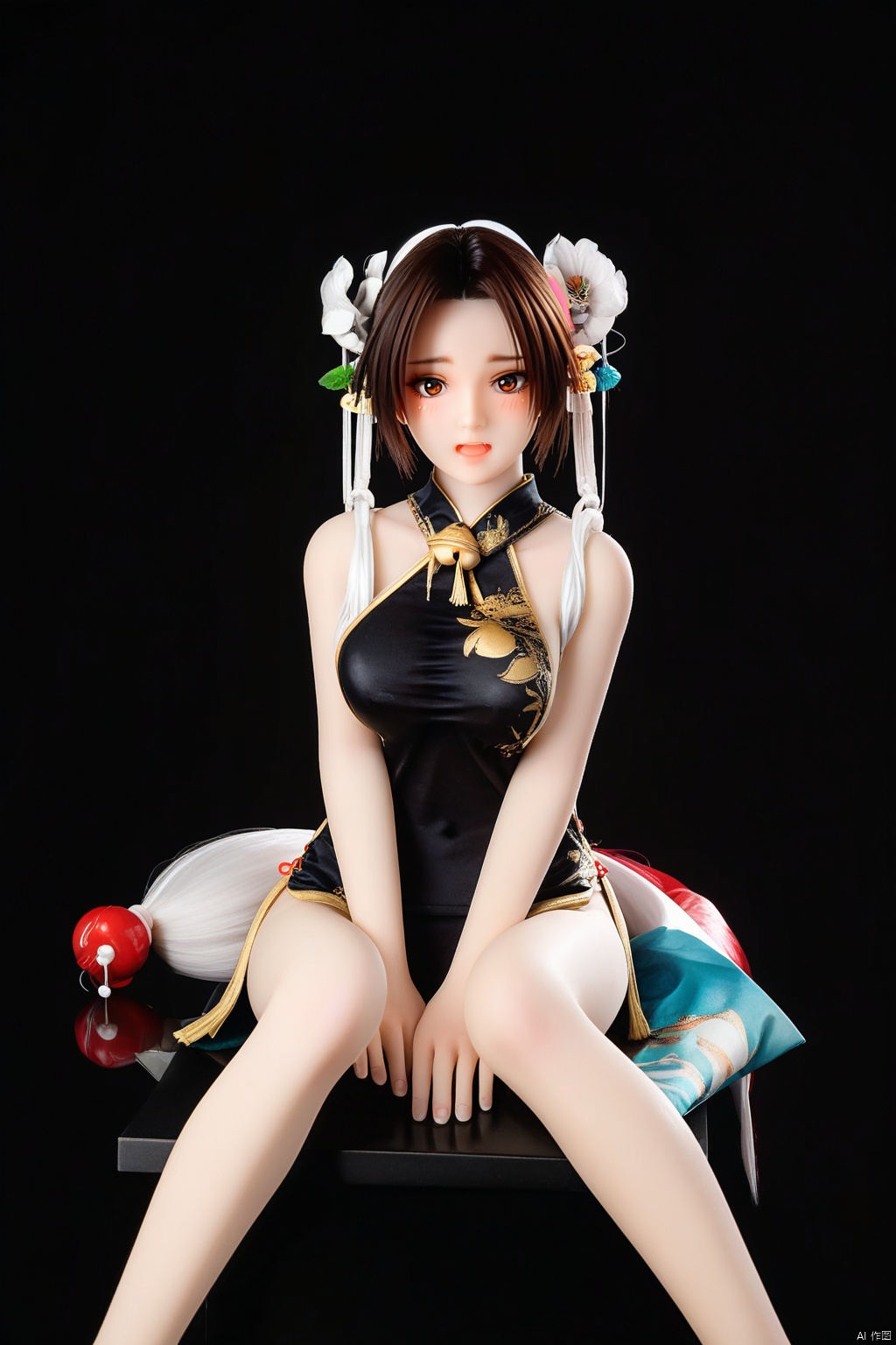  figure,masterpiece,best quality,1girl,crouch on handmade flat form.(ShiranuiMai:1.3),solo,looking at viewer,black neon  background,hair flower,chinese dress,alternate costume,bell,blush,sitting,simple background,bare shoulders,open mouth,white flower,bare feet.