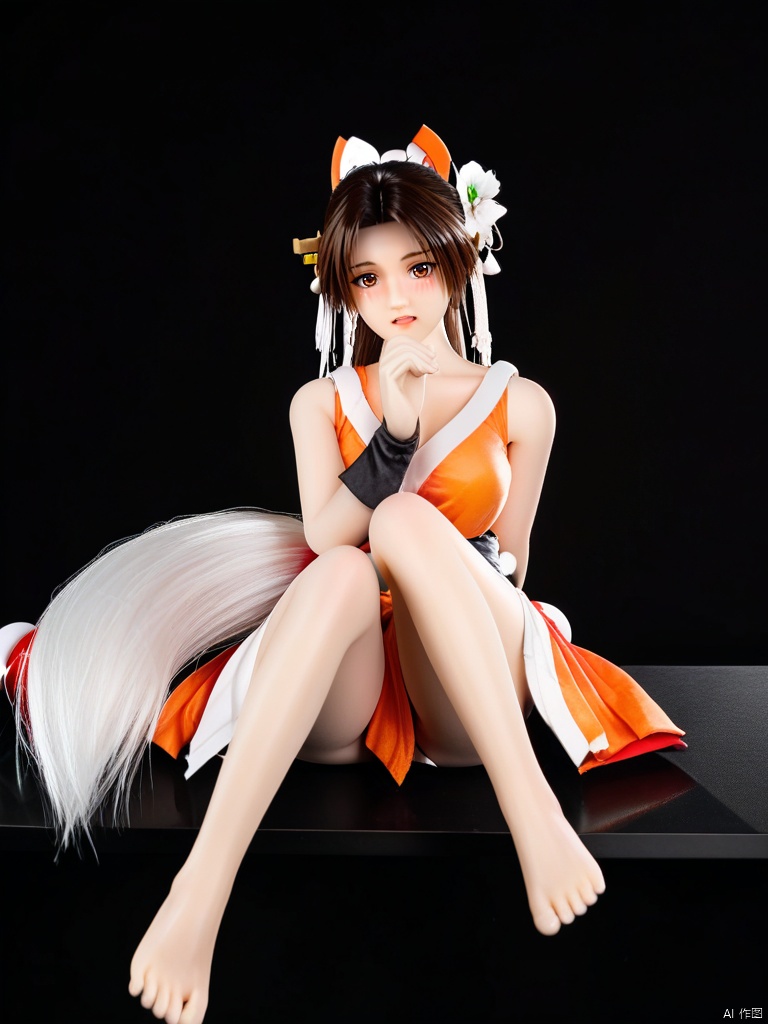  figure,masterpiece,best quality,1girl,(ShiranuiMai:1.3),solo,looking at viewer,black neon  background,hair flower,NINJA dress,alternate costume,bell,blush,sitting,simple background,bare shoulders,open mouth,white flower,bare feet.