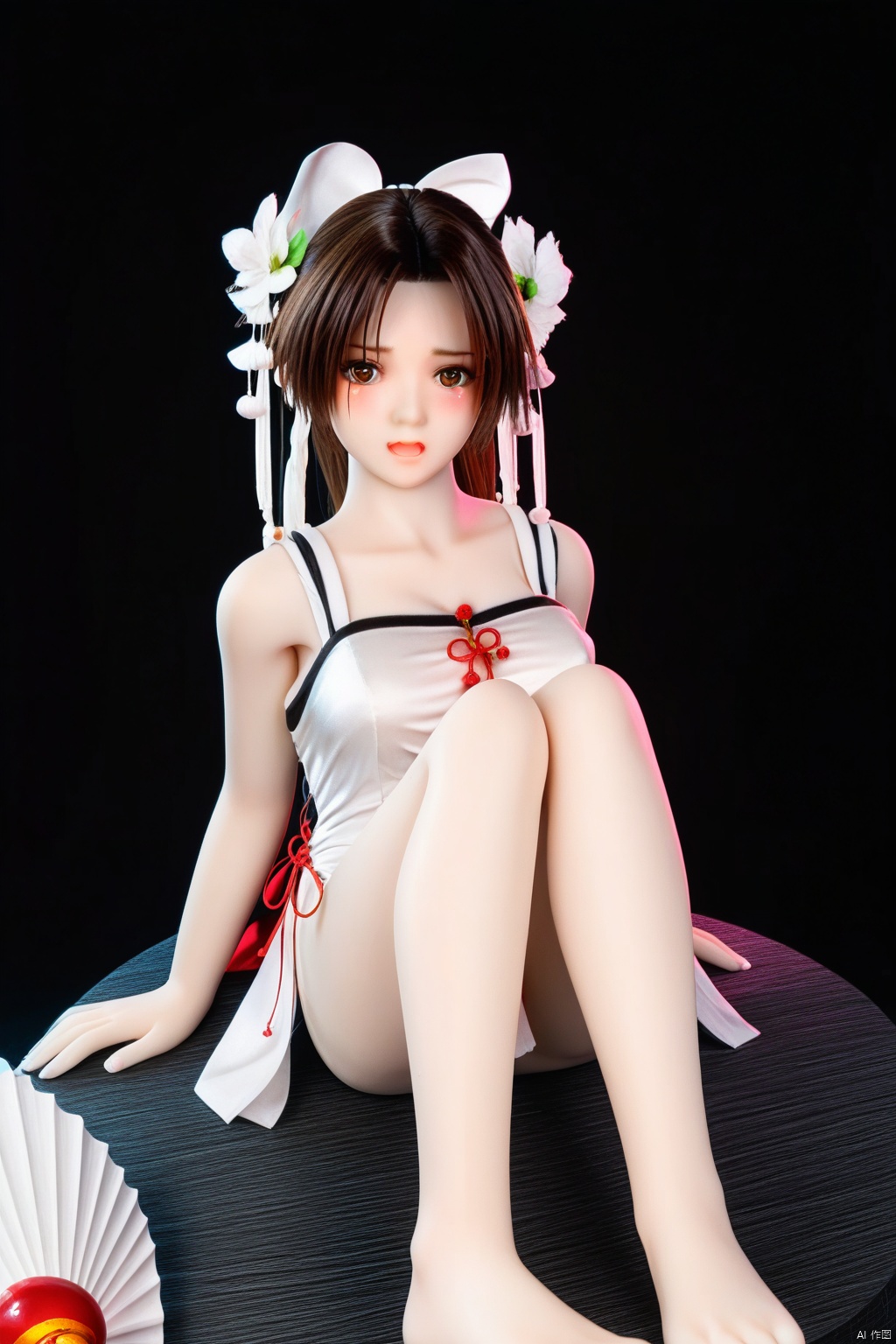  figure,masterpiece,best quality,1girl,crouch on handmade flat form.(ShiranuiMai:1.3),solo,looking at viewer,black neon  background,hair flower,chinese dress,alternate costume,bell,blush,sitting,simple background,bare shoulders,open mouth,white flower,bare feet.