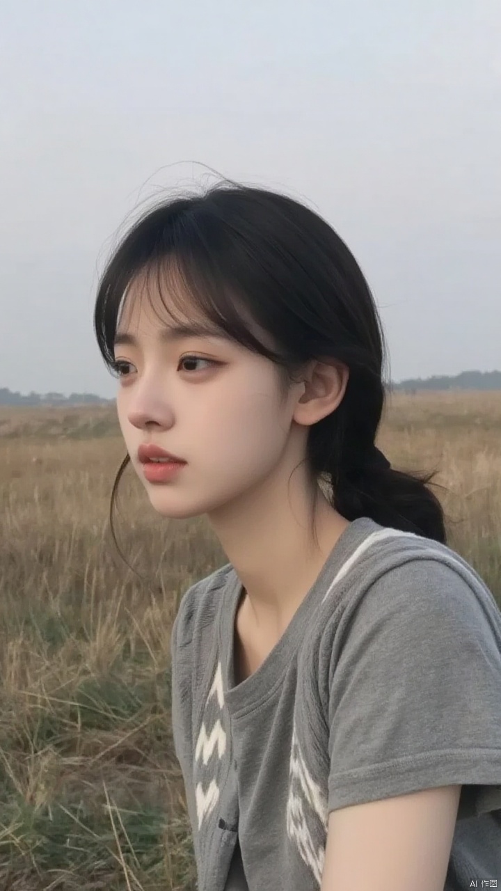 A close-up shot of a young Asian woman with long dark brown hair,a gray t-shirt,and a gray and white cardigan. The woman's hair is pulled back into a ponytail,and she's looking to the left side of the frame. The background is blurred,with a field of brown and green grass in the distance. The sky is a pale gray color,and the woman's eyebrows are a darker shade of brown.,