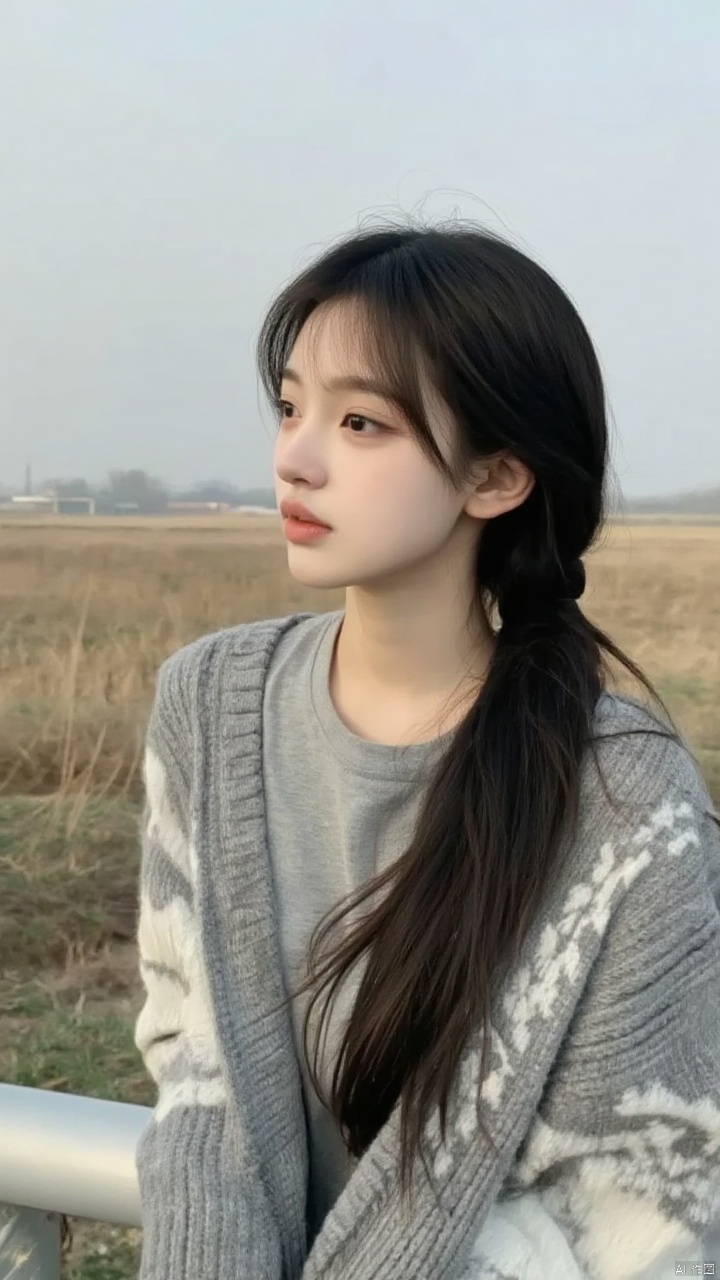 A close-up shot of a young Asian woman with long dark brown hair,a gray t-shirt,and a gray and white cardigan. The woman's hair is pulled back into a ponytail,and she's looking to the left side of the frame. The background is blurred,with a field of brown and green grass in the distance. The sky is a pale gray color,and the woman's eyebrows are a darker shade of brown.,