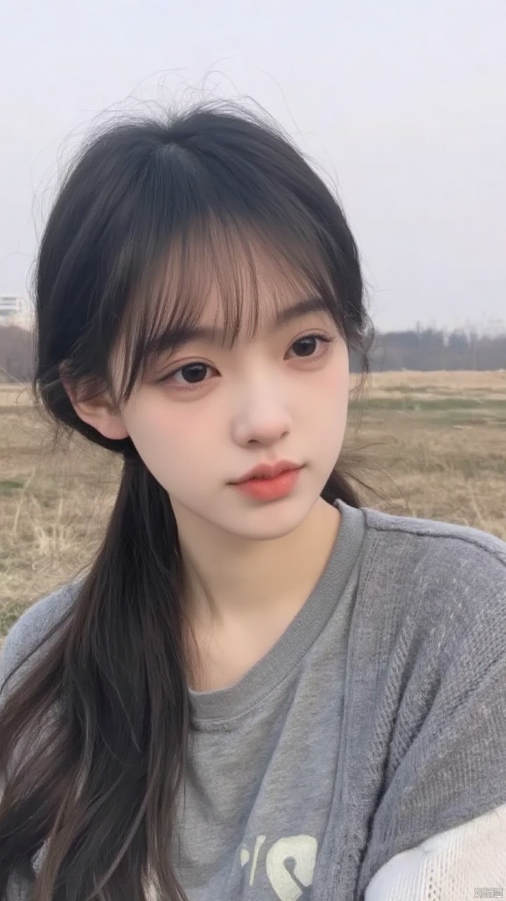 A close-up shot of a young Asian woman with long dark brown hair,a gray t-shirt,and a gray and white cardigan. The woman's hair is pulled back into a ponytail,and she's looking to the left side of the frame. The background is blurred,with a field of brown and green grass in the distance. The sky is a pale gray color,and the woman's eyebrows are a darker shade of brown.,