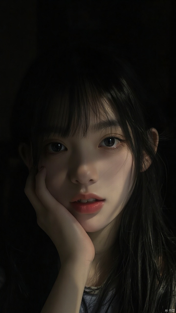 dark,caustics,colorful,gorgeous light and shadow,fullbody,The girl's pale skin,her lips are slightly open to reveal her teeth,and her blue eyes are blurry and dreamy.mott led light and shadow,portrait,black_hair,