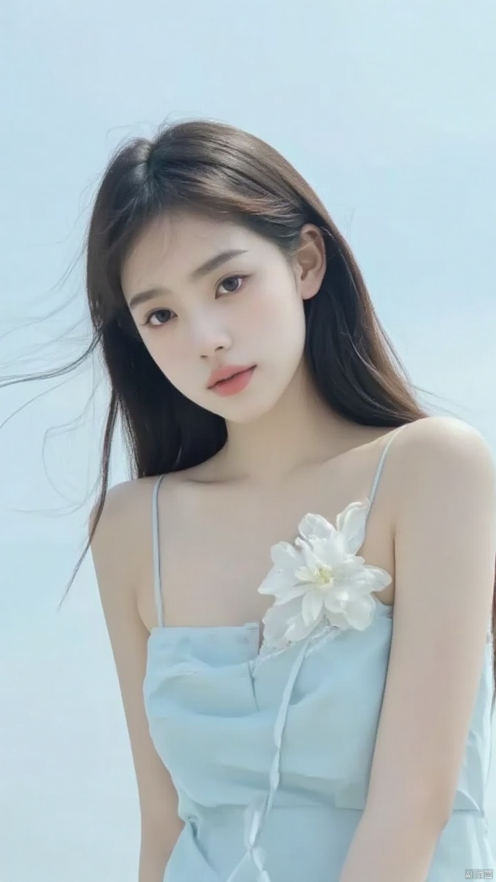 a medium-sized Asian woman with long brown hair,wearing a light blue sleeveless dress adorned with a white flower on the left side of her dress.The backdrop is a soft blue sky,creating a stark contrast to the woman's outfit.,
