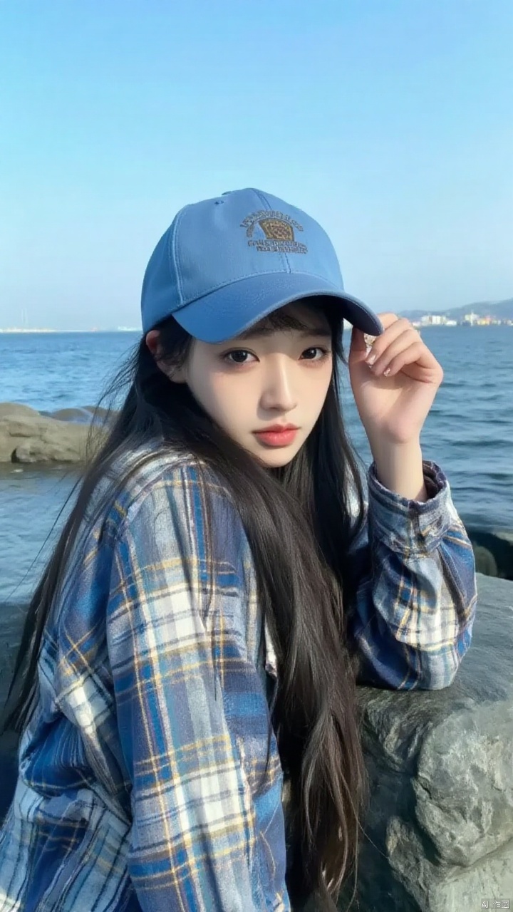 Close to a young Asian woman,is seated on a large black rock. She is adorned with a blue and white plaid shirt. The woman's hair is long,dark brown,and she's wearing a blue baseball cap. The backdrop of the image is a body of water,with a clear blue sky above.,