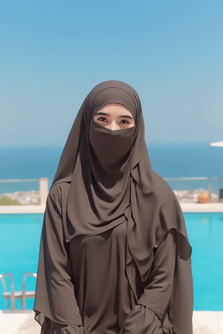 young woman,  old-fashioned swimsuit,  wearing hijab and mouth covering veil on Tensor.Art