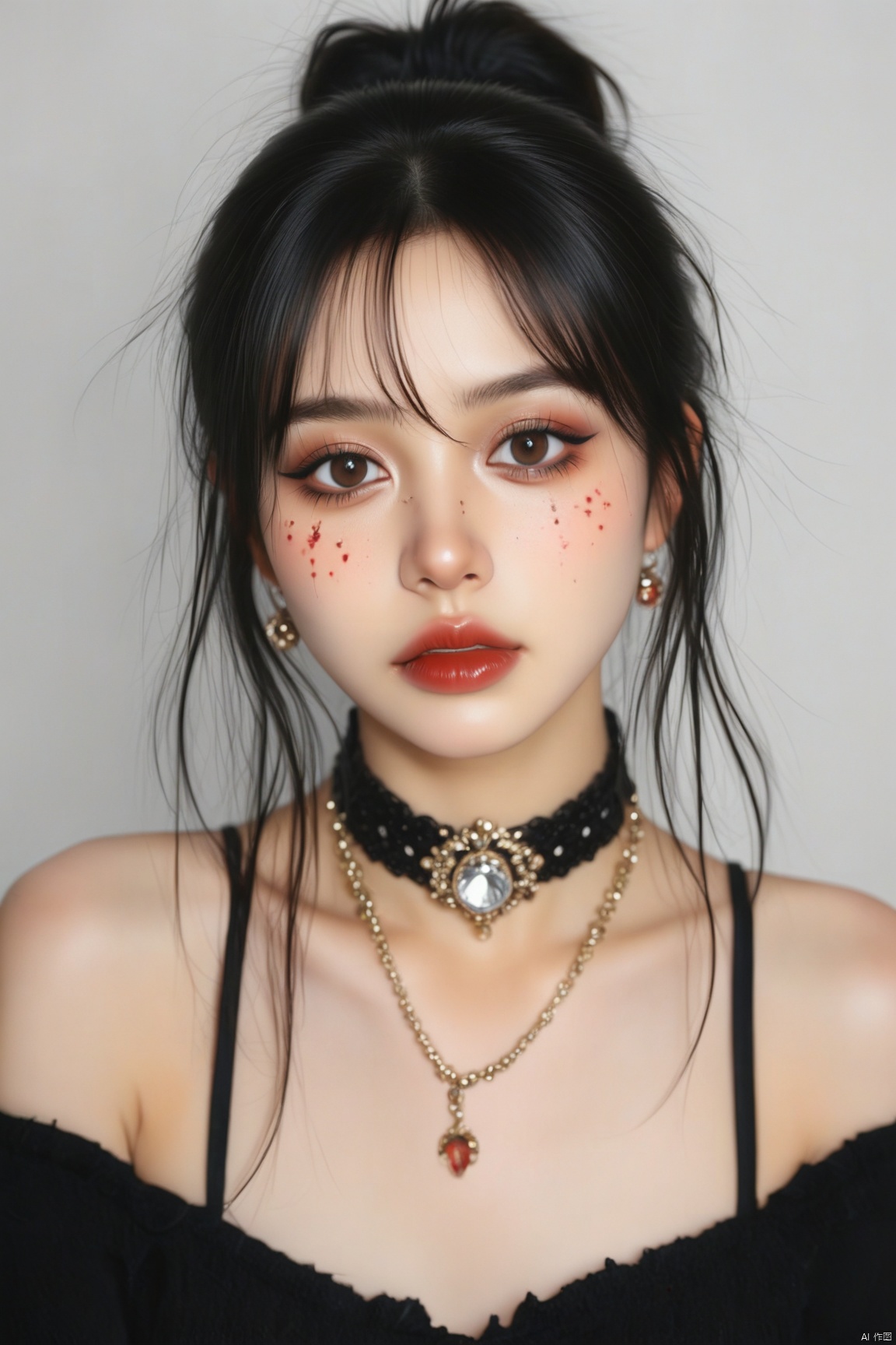 A close-up shot of a woman's face, adorned with a black choker and a silver necklace. The woman's eyes are a deep brown, her hair is a rich black, and her lips are a lighter shade of red. Her eyebrows are a darker shade of brown, and she has a few red spots on her forehead. Her hair is pulled back in a ponytail, adding a touch of texture to her face. The backdrop is a stark white, and the woman's skin is a light beige.