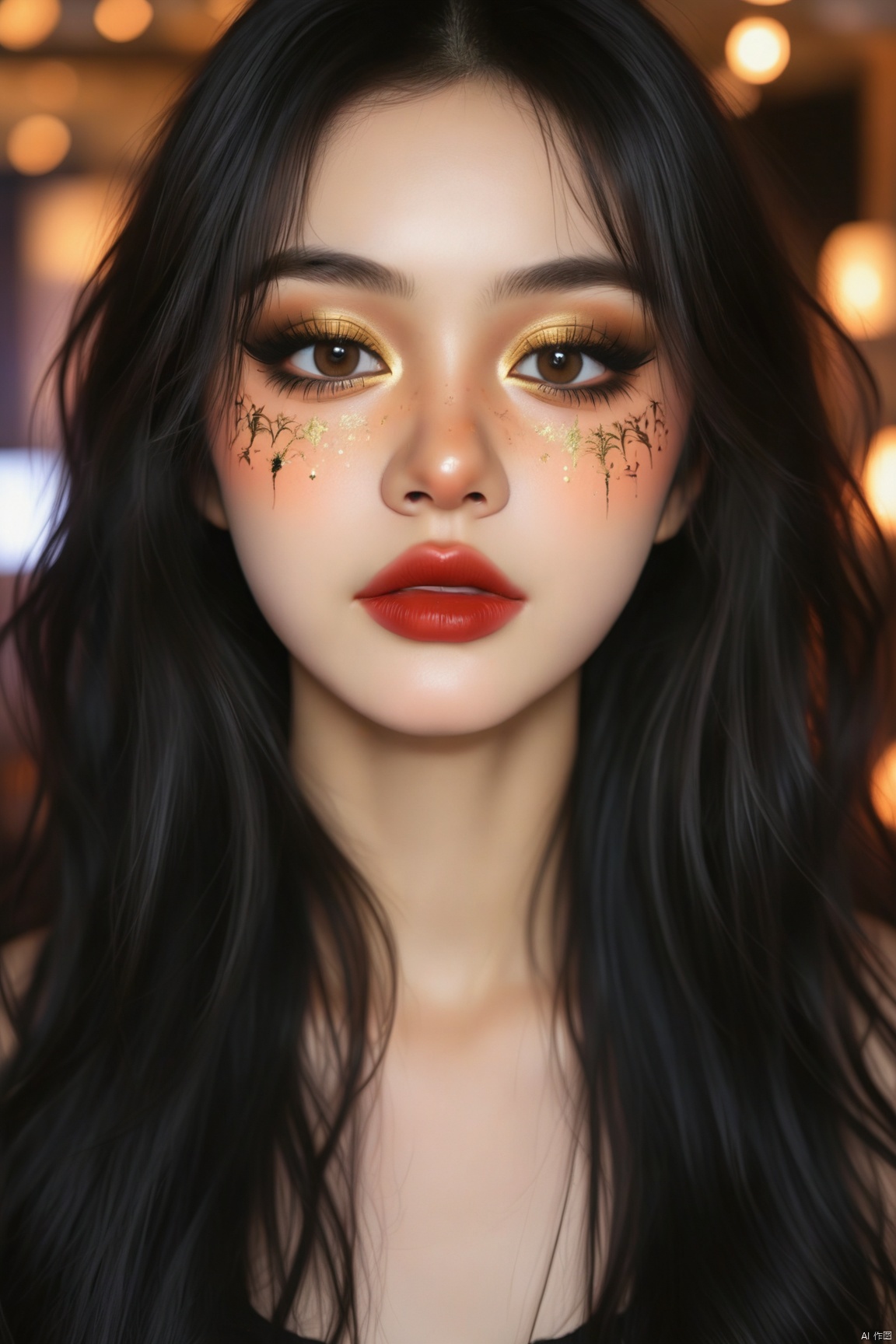 A close-up eye-level shot of a woman's face, adorned with Halloween makeup. Her eyes are adorned with gold eyeshadow, adding a touch of sparkle to her face. Her lips are painted a vibrant shade of red, while her eyebrows are a darker shade of brown. Her hair is long and cascades down to her shoulders, framing her forehead. The background is blurred, with a few lights visible.
