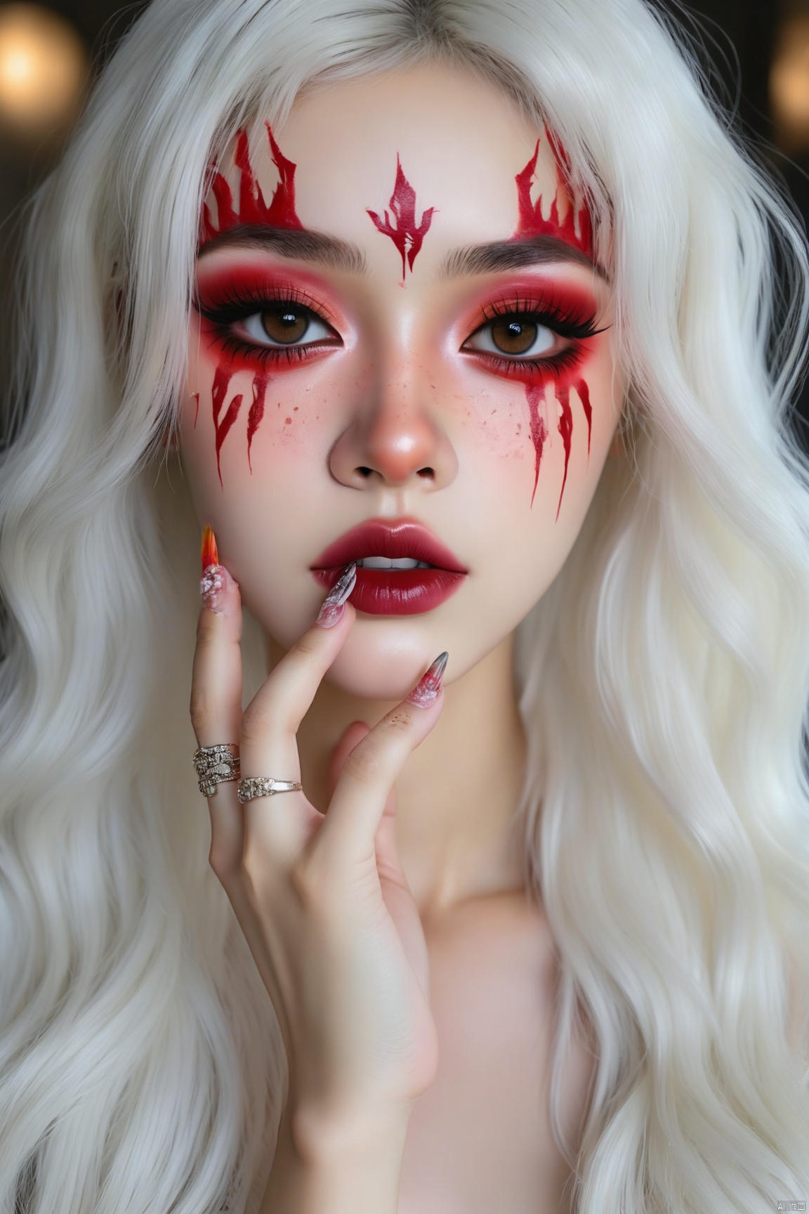 a close-up shot of a woman's face is adorned with a vibrant red demon-like face paint. The woman's lips are painted in a deep pink shade, and her eyes are adorned with black eyelashes. Her eyebrows are painted a deep red, adding a pop of color to her face. Her long, wavy blonde hair is cascading down her shoulders, framing her entire face. She is wearing three rings, each with a unique design on them. Her nails are painted with a variety of colors, including pink, purple, and white. Her fingernails have a touch of pink, while her lips are pursed. The background is blurred, creating a stark contrast to the woman's white skin.