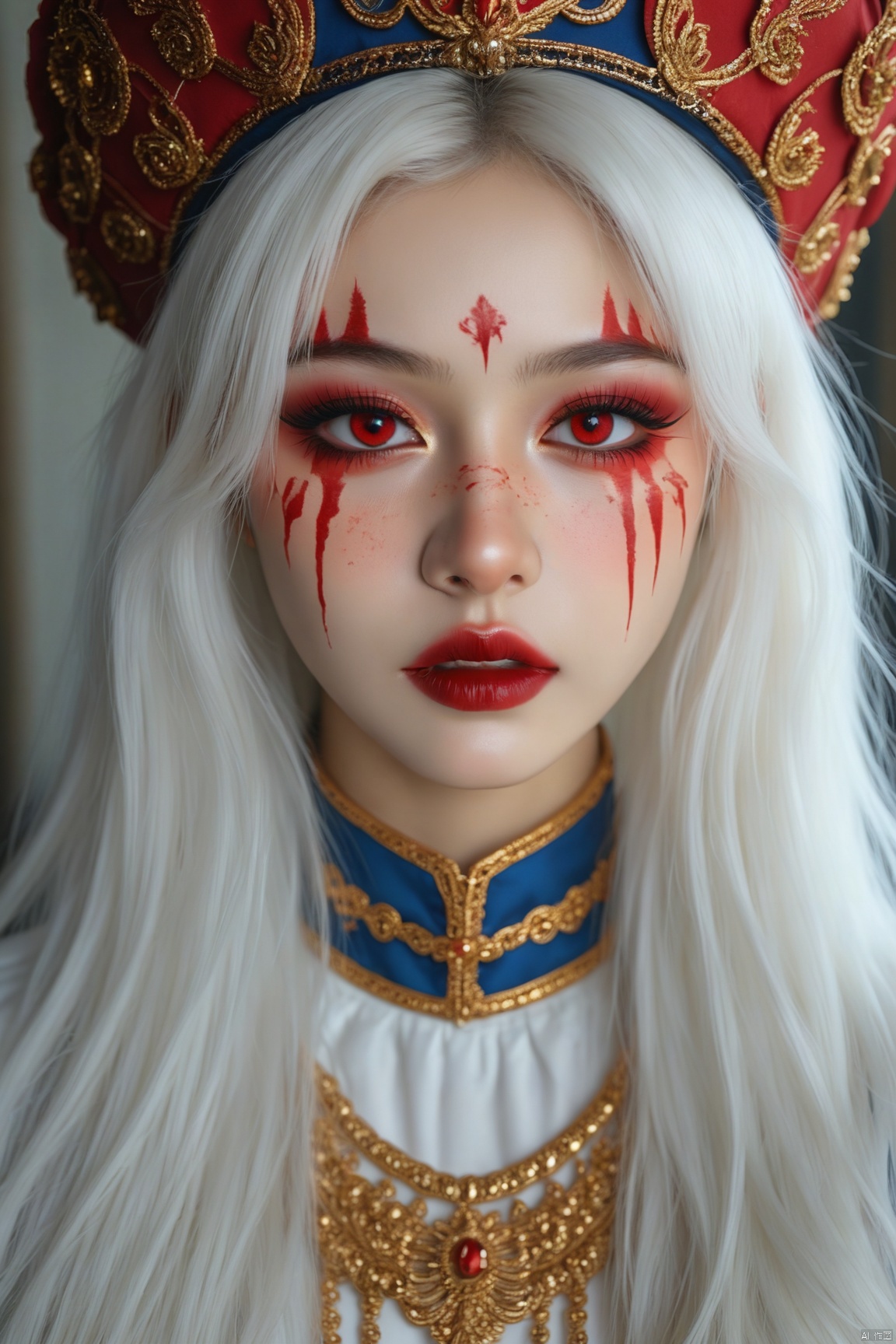 a close-up shot of a woman's face is adorned with red paint. Her eyes are painted a vibrant shade of red, adding a pop of color to her face. Her eyebrows are a darker shade of brown, while her eyelashes are a lighter shade of black. Her lips, painted a deep red, are adorned with a thin layer of red paint, adding depth to the composition. She is wearing a white shirt with a blue and gold collar, adorned with gold embroidery. Her hair is long and cascades over her shoulders. Above her head, a headdress of red and gold can be seen.