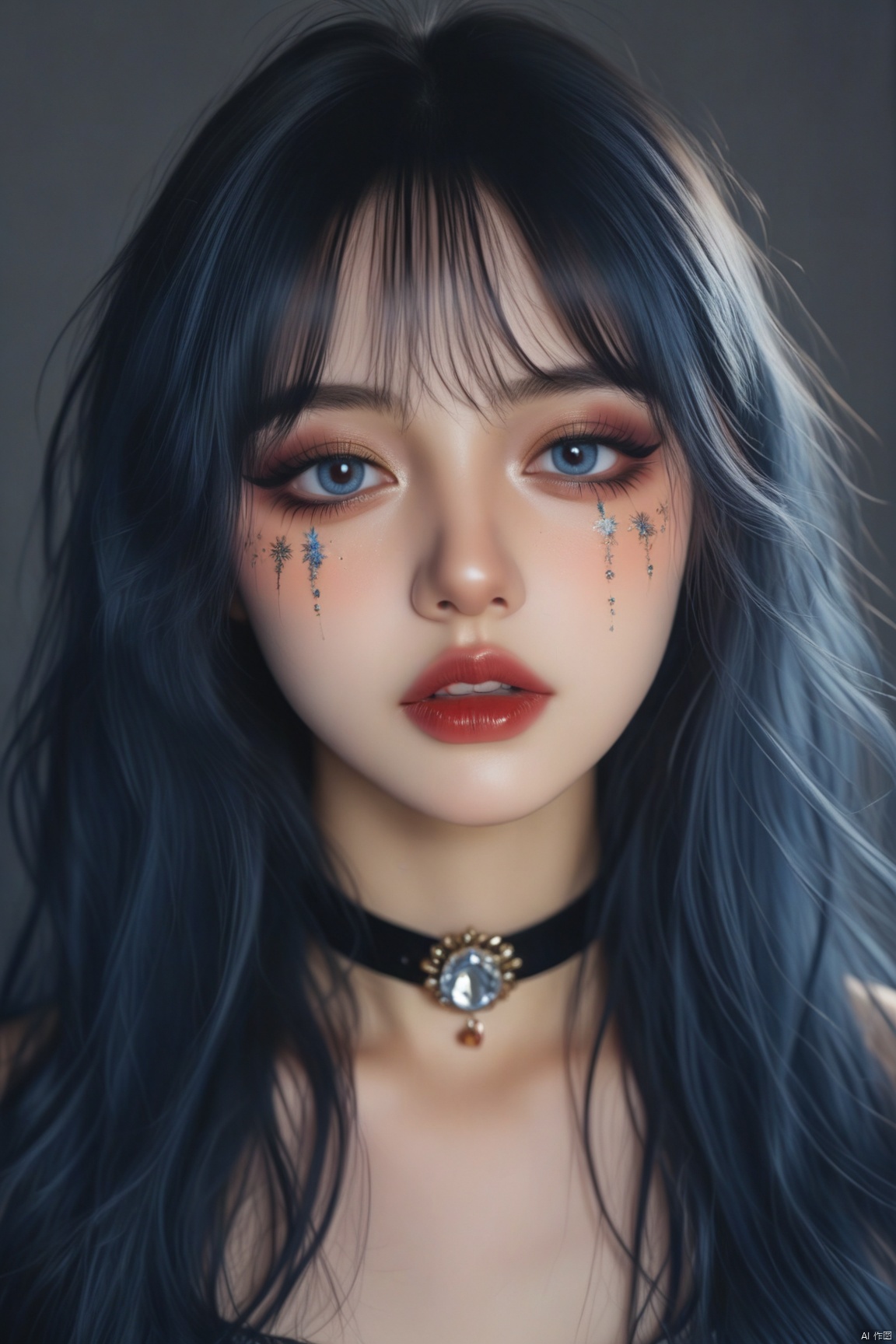 1girl, solo, long hair, looking at viewer, bangs, blue eyes, black hair, jewelry, parted lips, teeth, choker, necklace, lips, eyelashes, makeup, messy hair, gem, portrait, eyeshadow, red lips