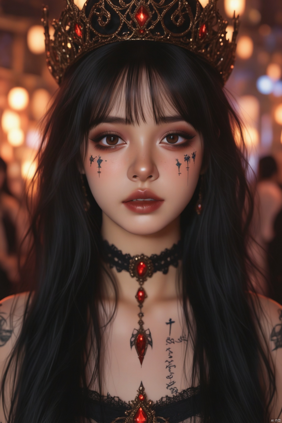 a 3D rendering of a woman with long black hair, a black bra, and a black necklace with a red stone in the center of her chest. Her face is adorned with white paint, and her eyes are adorned with blue eyes. Her hands are covered in tattoos, adding a touch of art to her outfit. Her hair is cascading over her shoulders, and she's wearing two crowns on her head. The background is blurred, with a few people in the distance.