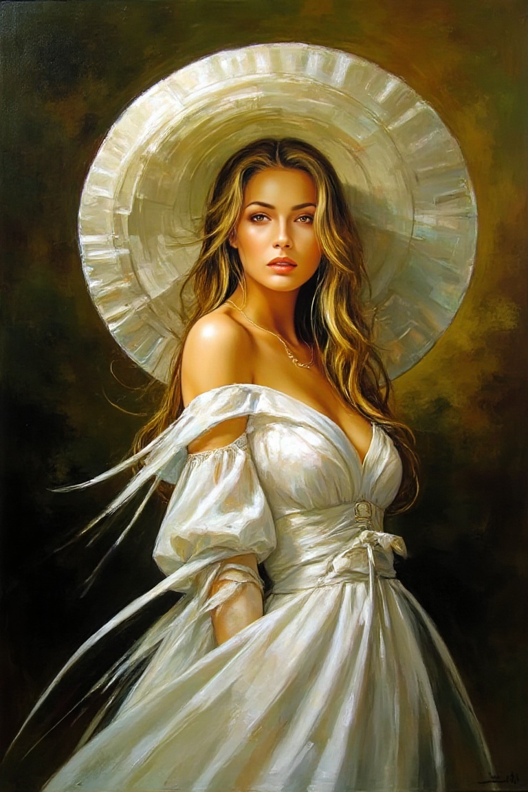 "Create a dramatic,  richly detailed painting in a Karol Bak style,  depicting a young woman with long on Tensor.Art
