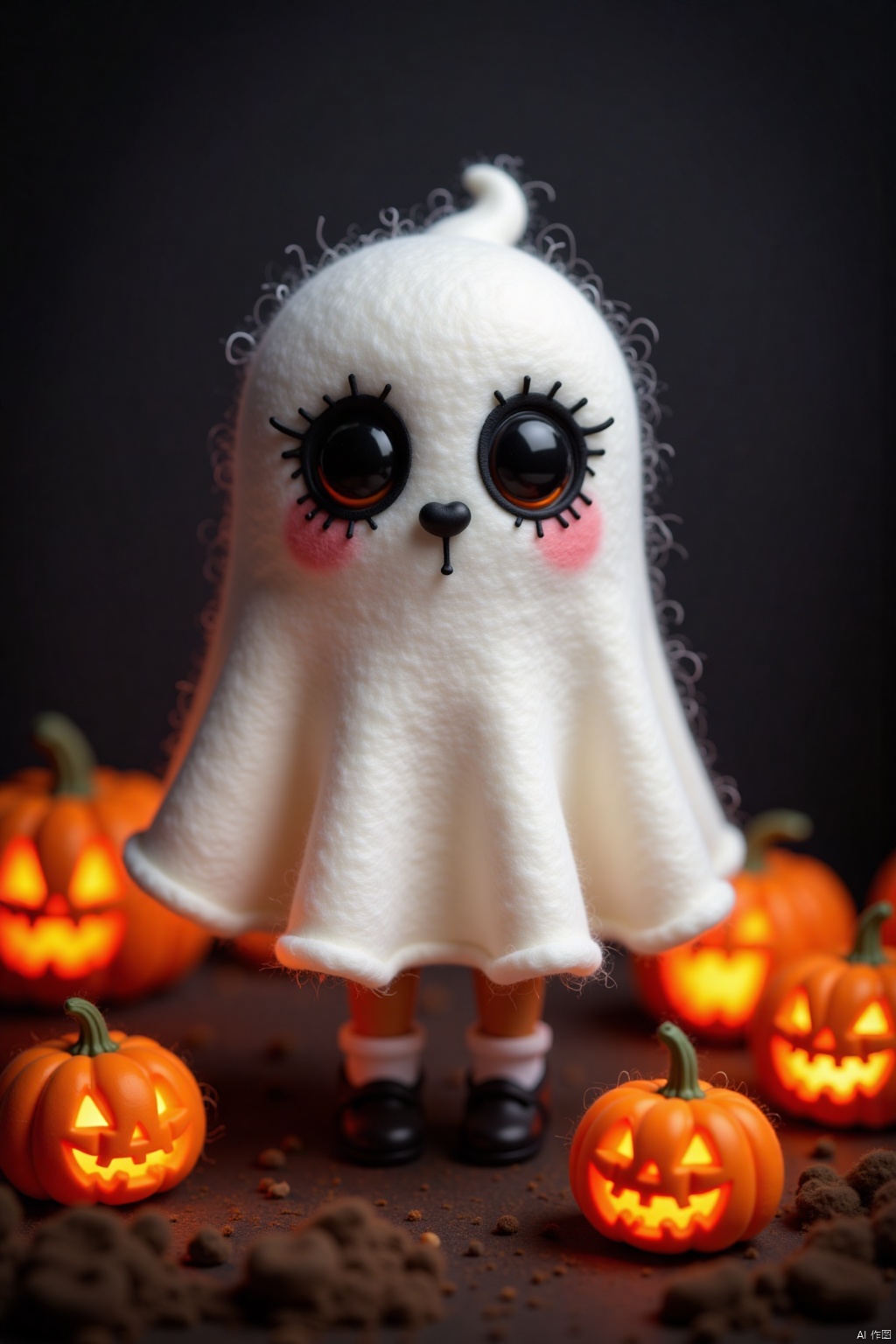 Q-version wool felt, 3D, ghostly and cute ghost shaped makeup, A whimsical Halloween scene featuring a ghostly creature with big eyes and an adorable white dress, standing amidst pumpkins that glow in halloween's signature color,