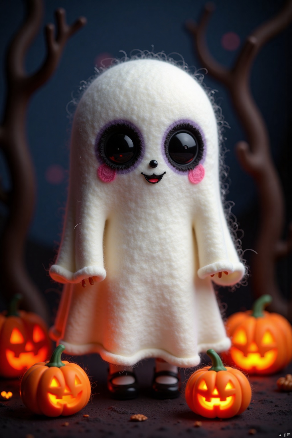 Q-version wool felt, 3D, ghostly and cute ghost shaped makeup, A whimsical Halloween scene featuring a ghostly creature with big eyes and an adorable white dress, standing amidst pumpkins that glow in halloween's signature color,