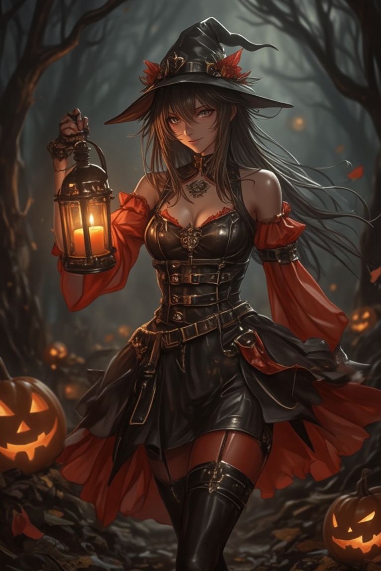A hyper-realistic depiction of Amiya from Arknights,  in a dynamic mid-shot. She wears a Halloween dress and holds a candl...