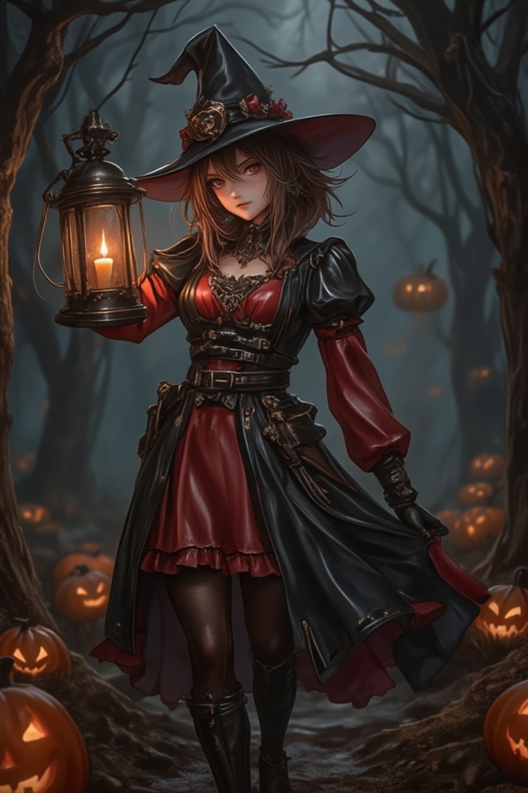 A hyper-realistic depiction of Amiya from Arknights,  in a dynamic mid-shot. She wears a Halloween dress and holds a candl...